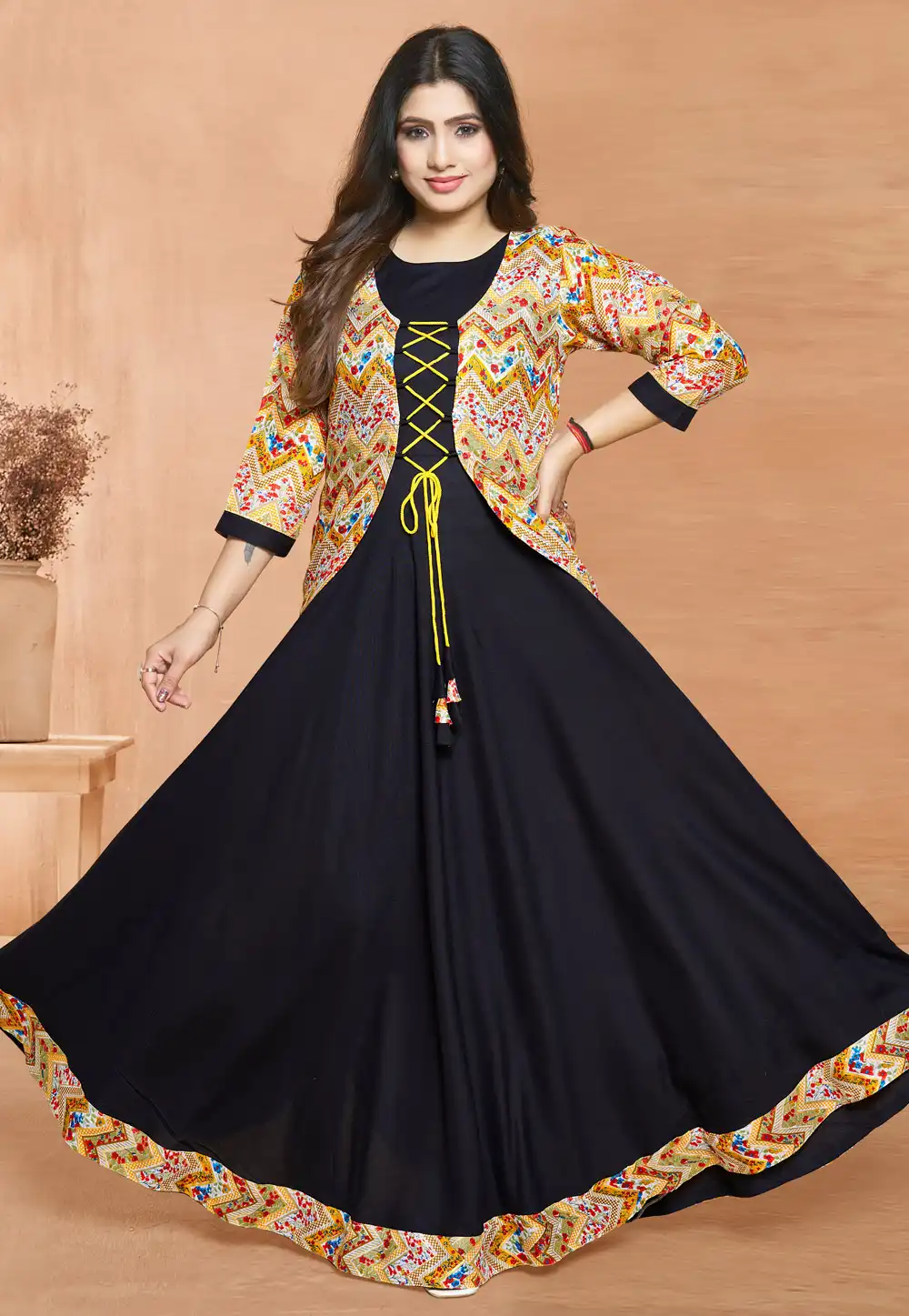 Black Rayon Gown With Jacket 294865