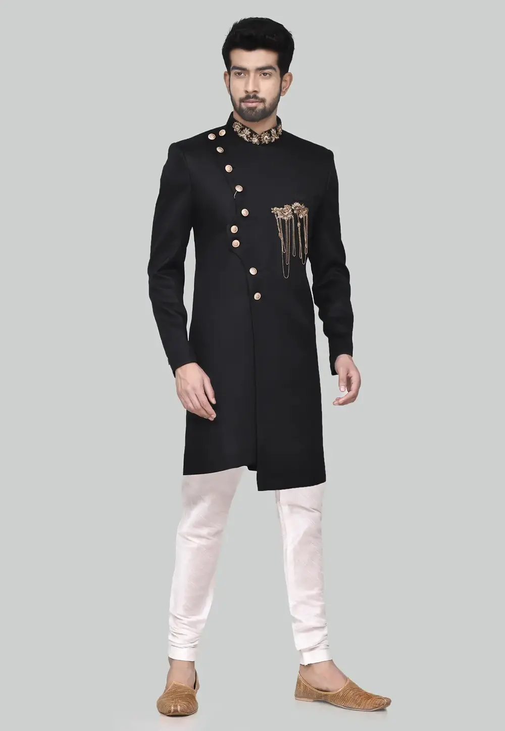 Black Rayon Indo Western Sherwani 300165