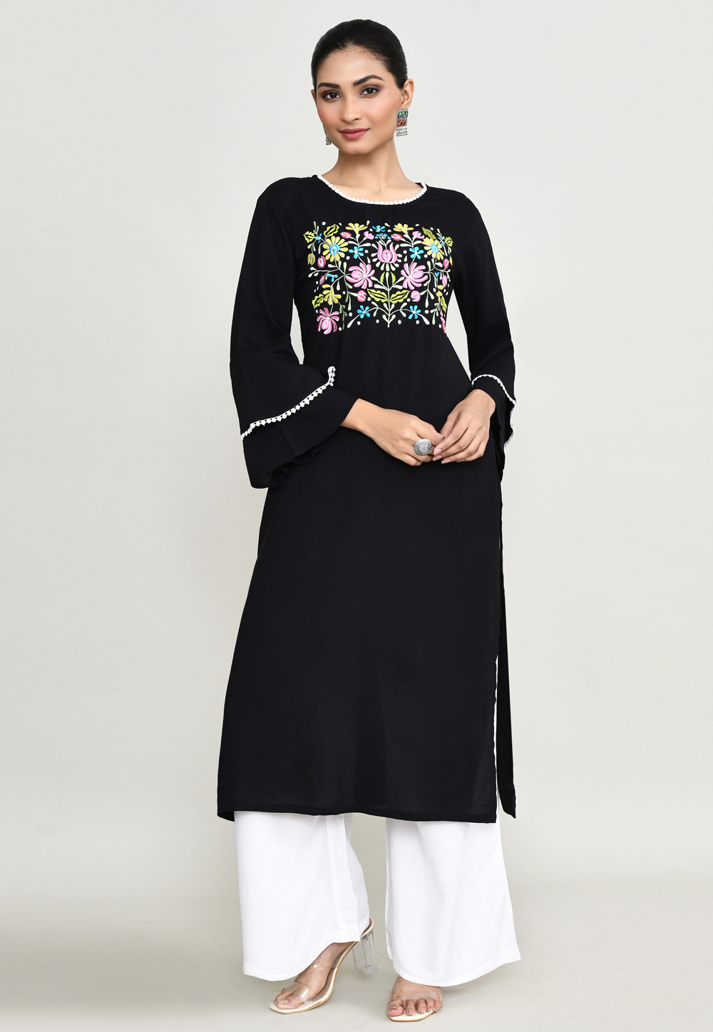 Black Rayon Kurta Set With Palazzo 305288