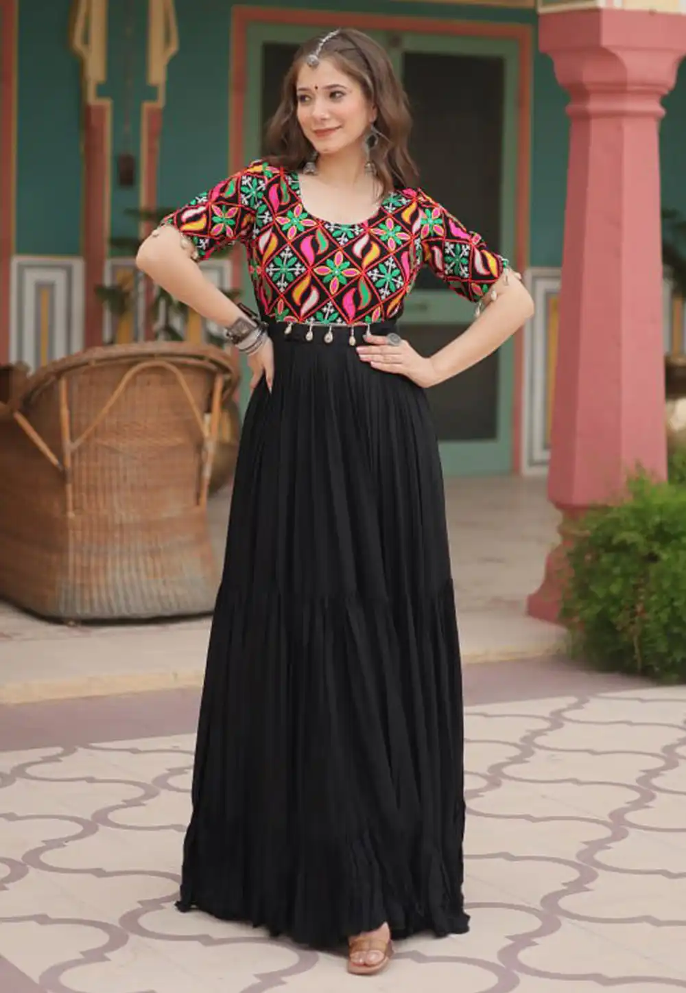 Black Rayon Navratri Wear Gown 292340