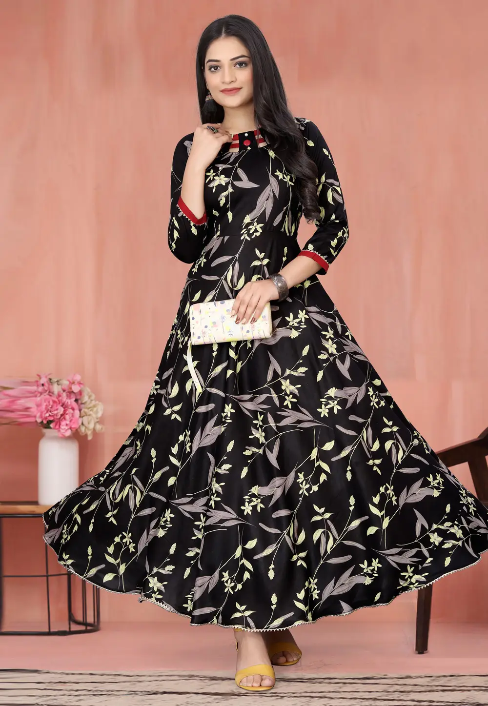 Black Rayon Printed Gown 297028