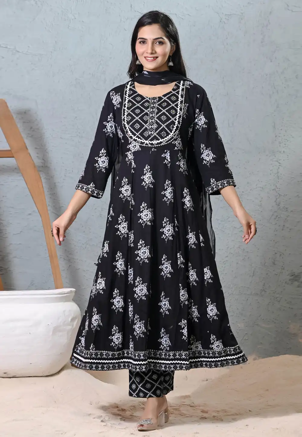 Black Rayon Readymade Anarkali Suit 294118