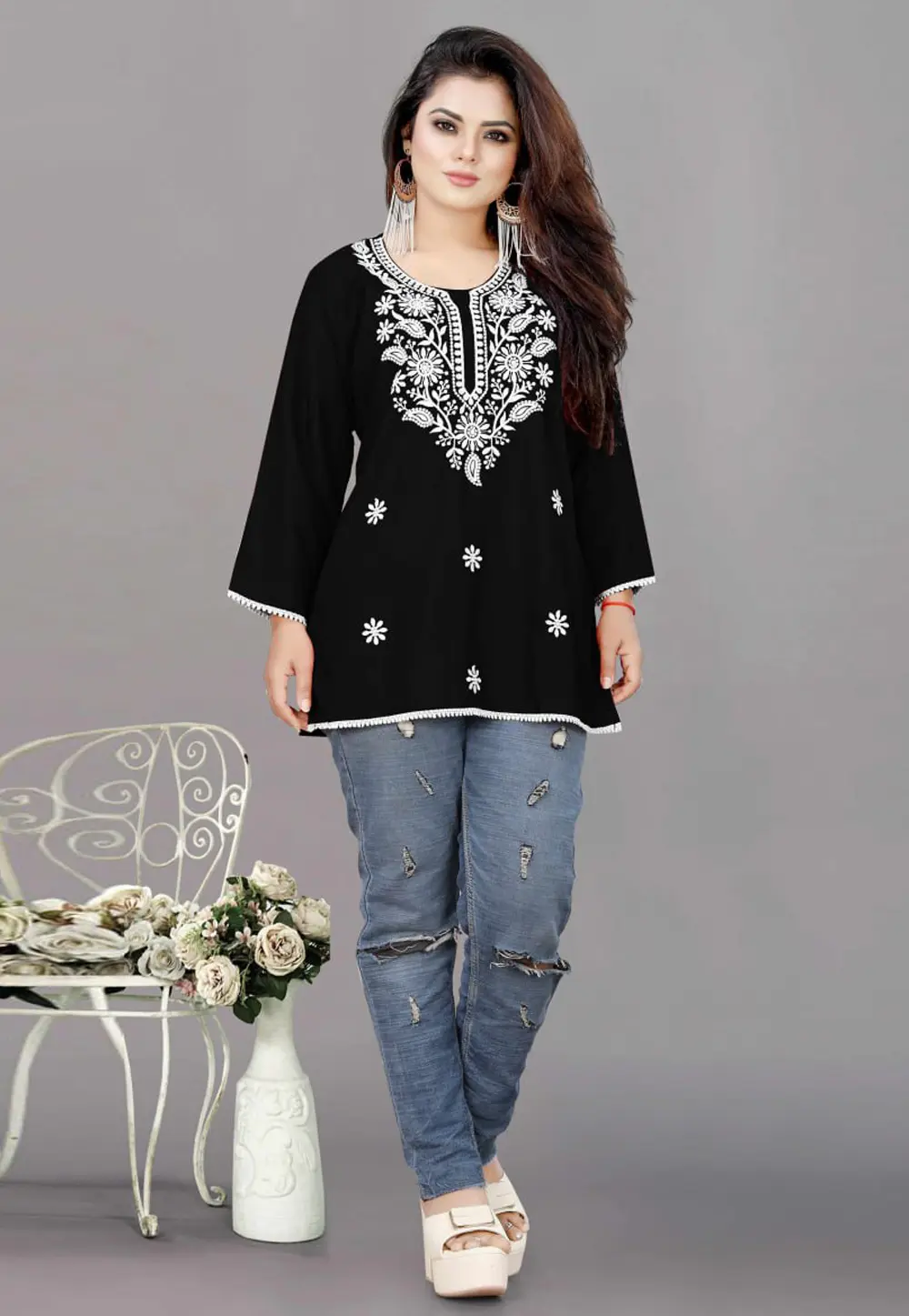 Black Rayon Short Kurti for Women 301472