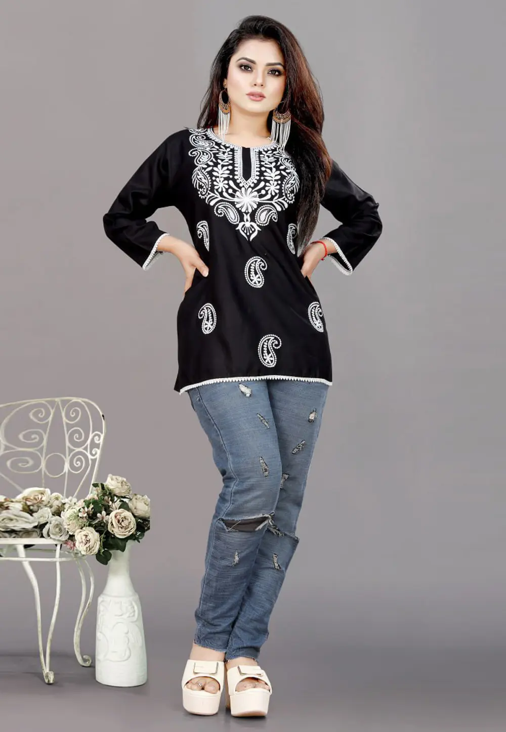 Black Rayon Short Kurti for Women 301479