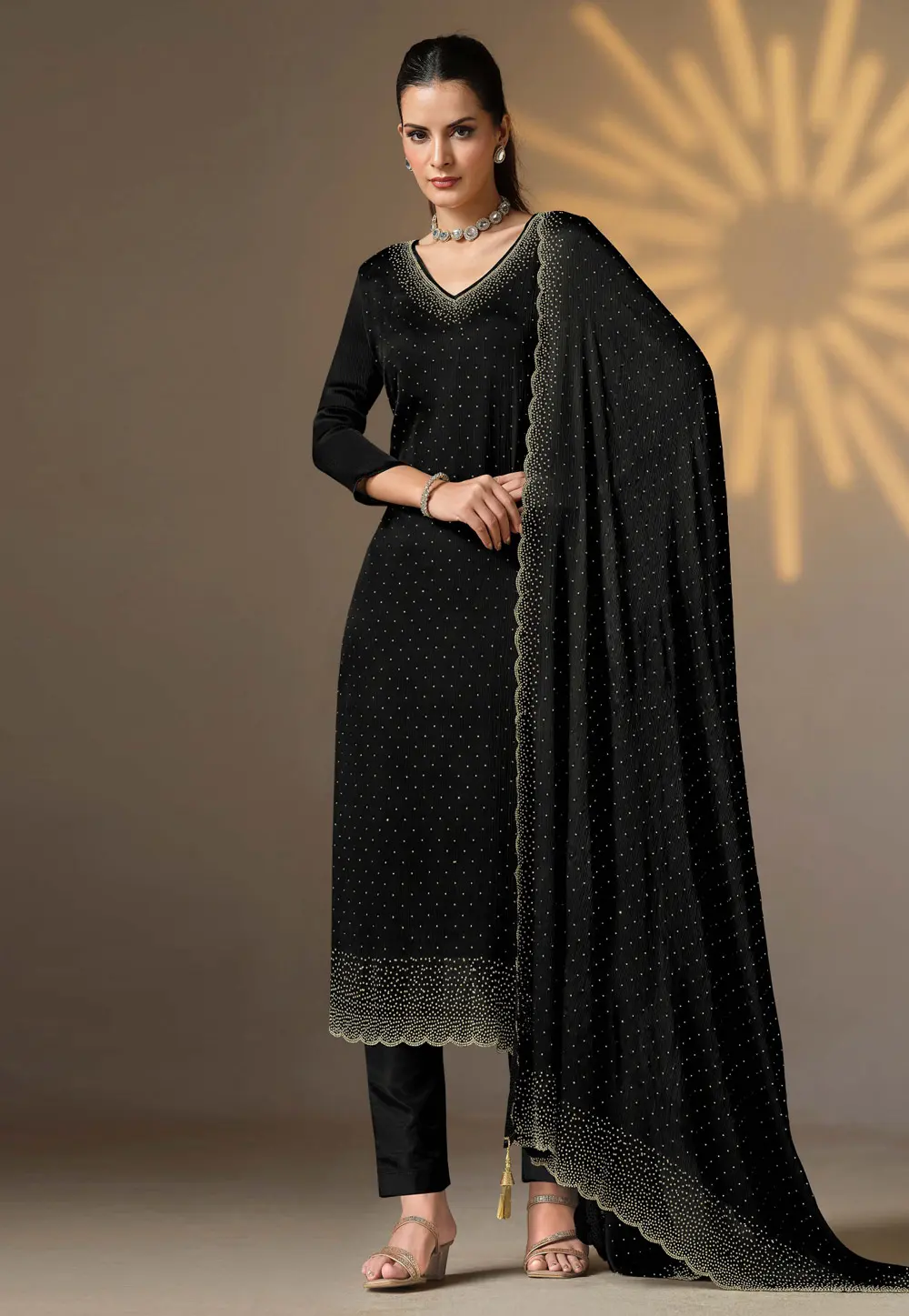 Black Satin Chiffon Pant Style Suit 297313