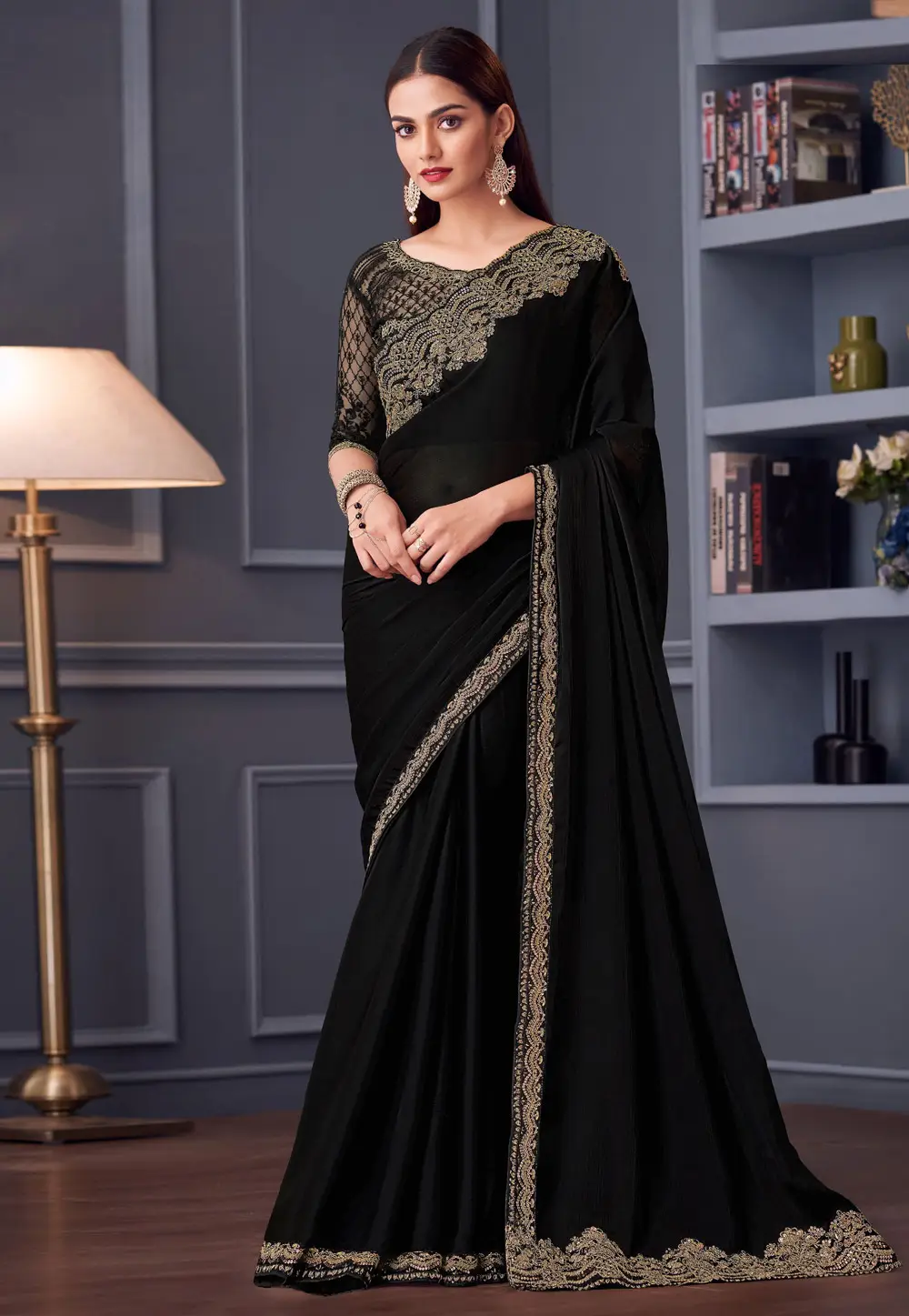 Black Satin Chiffon Saree With Blouse 296351