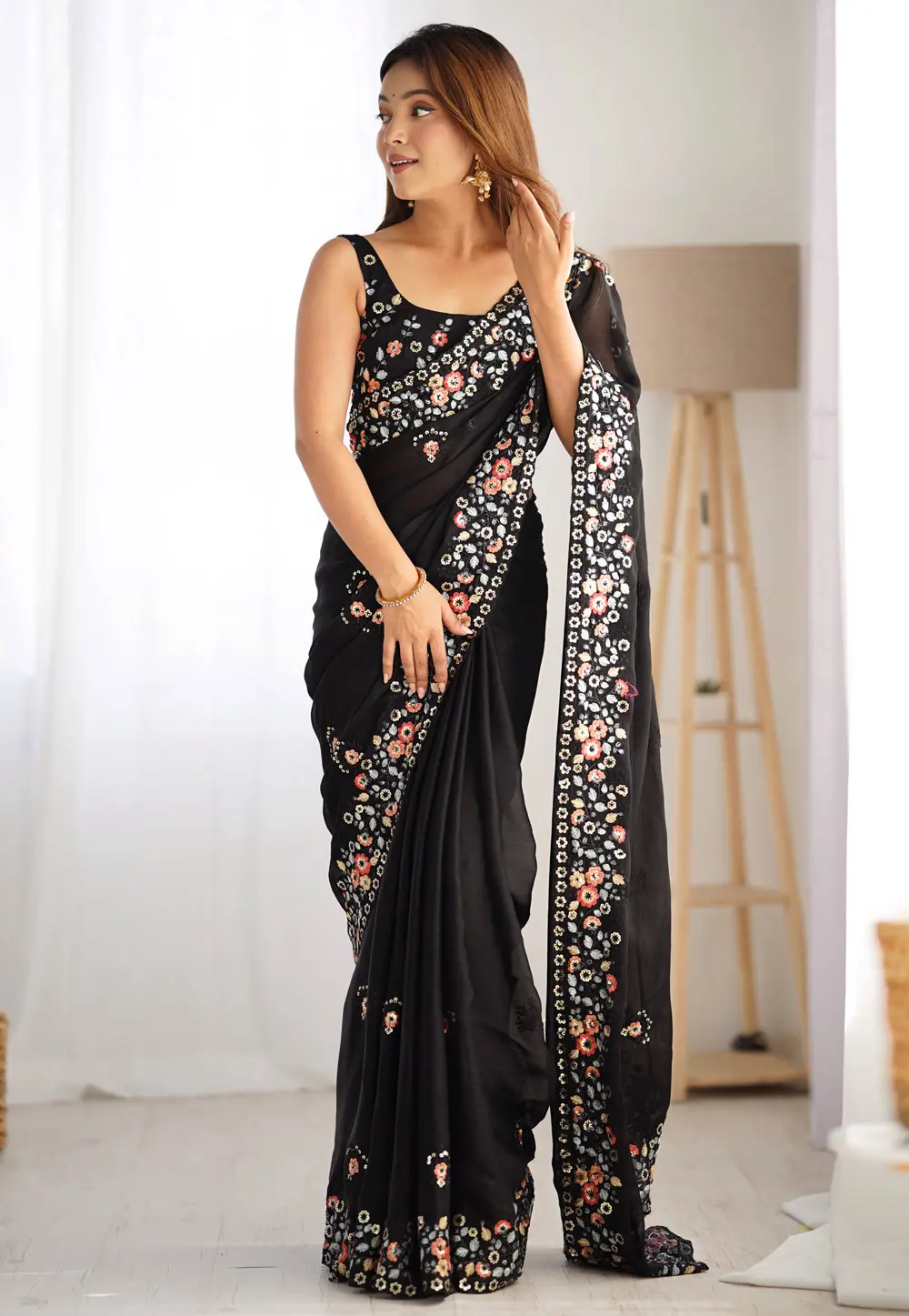 Black Satin Chiffon Saree With Blouse 300319