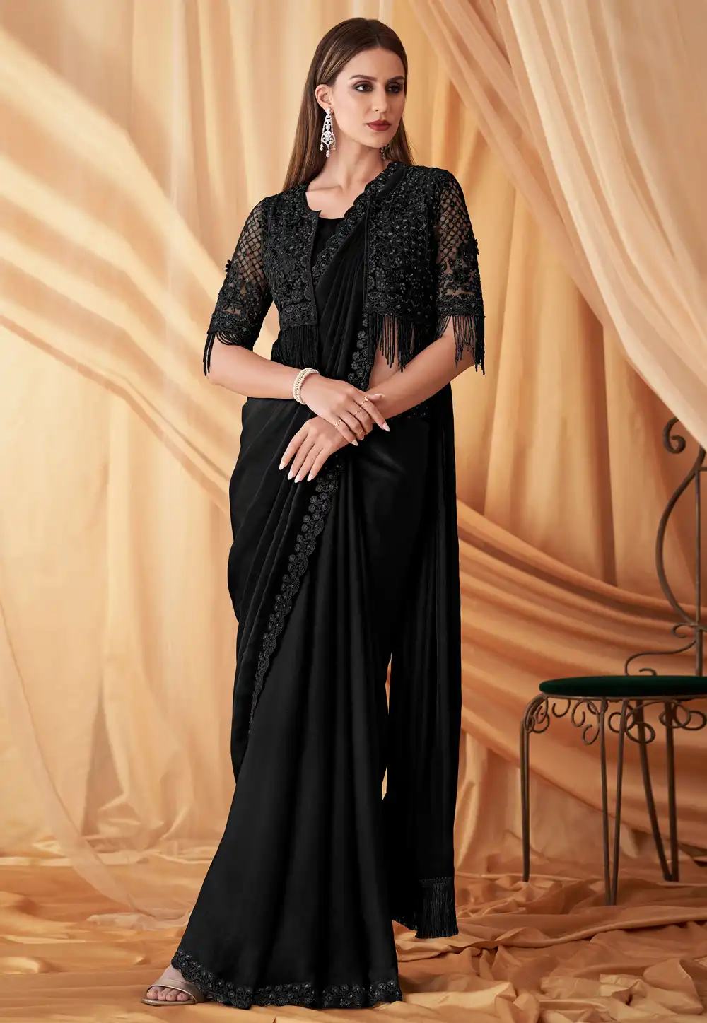 Black Satin Georgette Designer Saree 289558