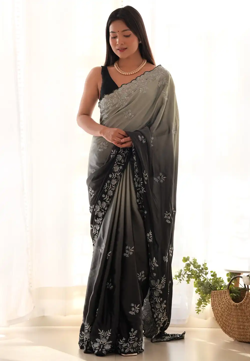 Black Satin Half N Half Saree 291958