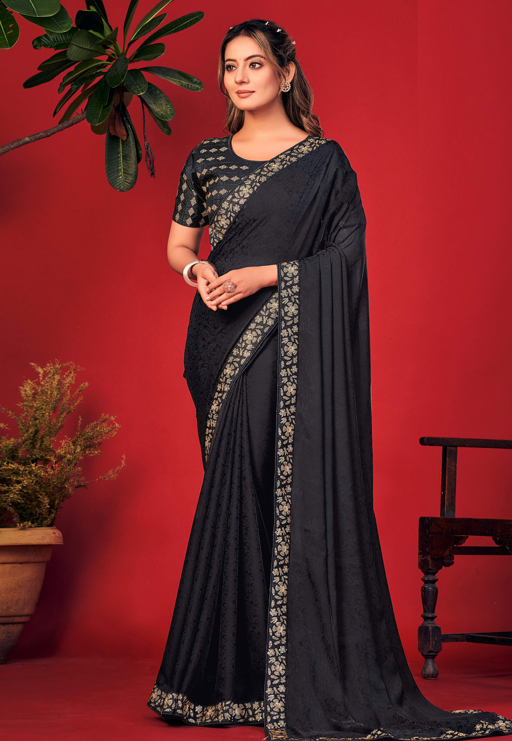 Black Satin Jacquard Saree With Blouse 287211