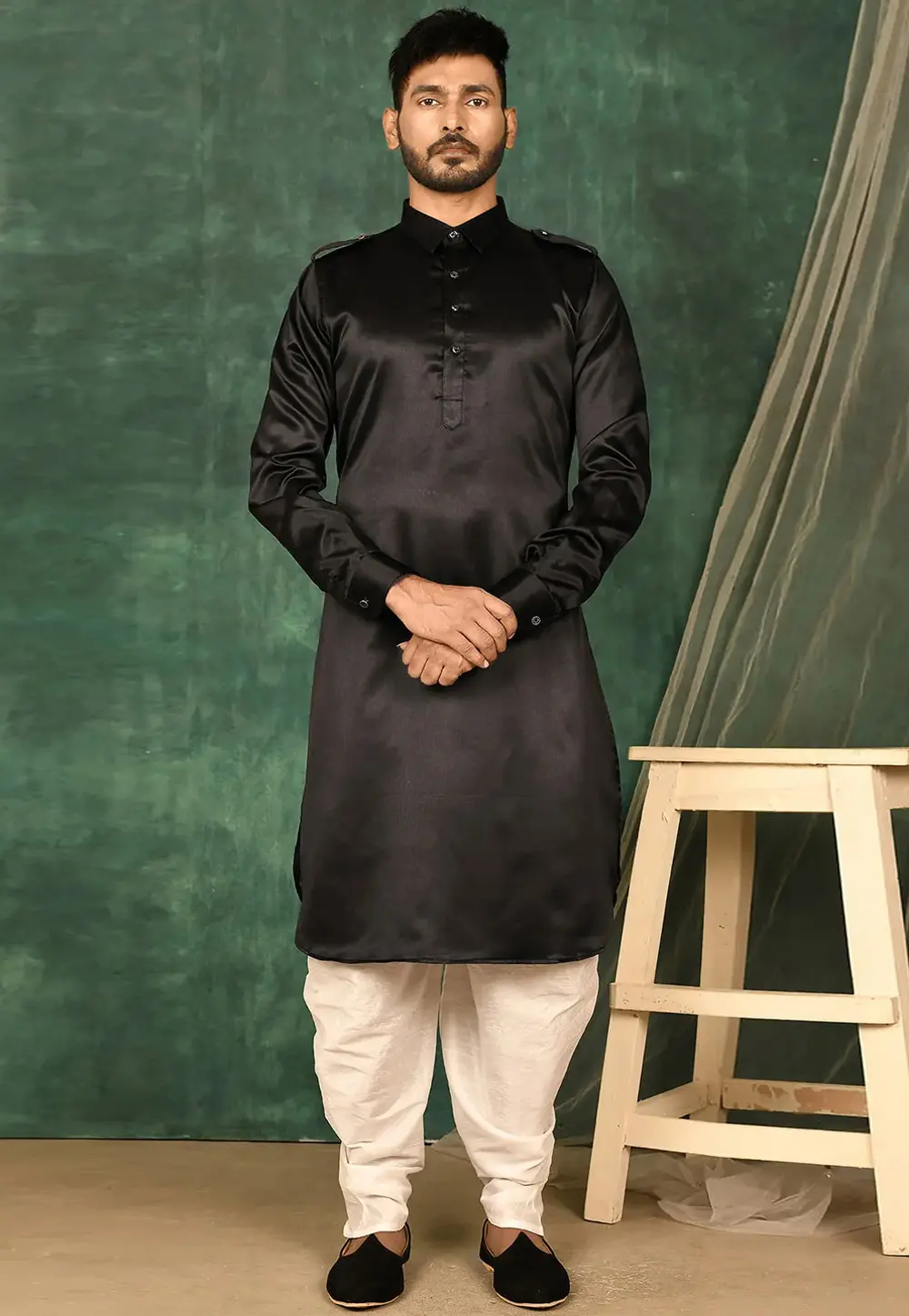 Black Satin Pathani Suit 300800