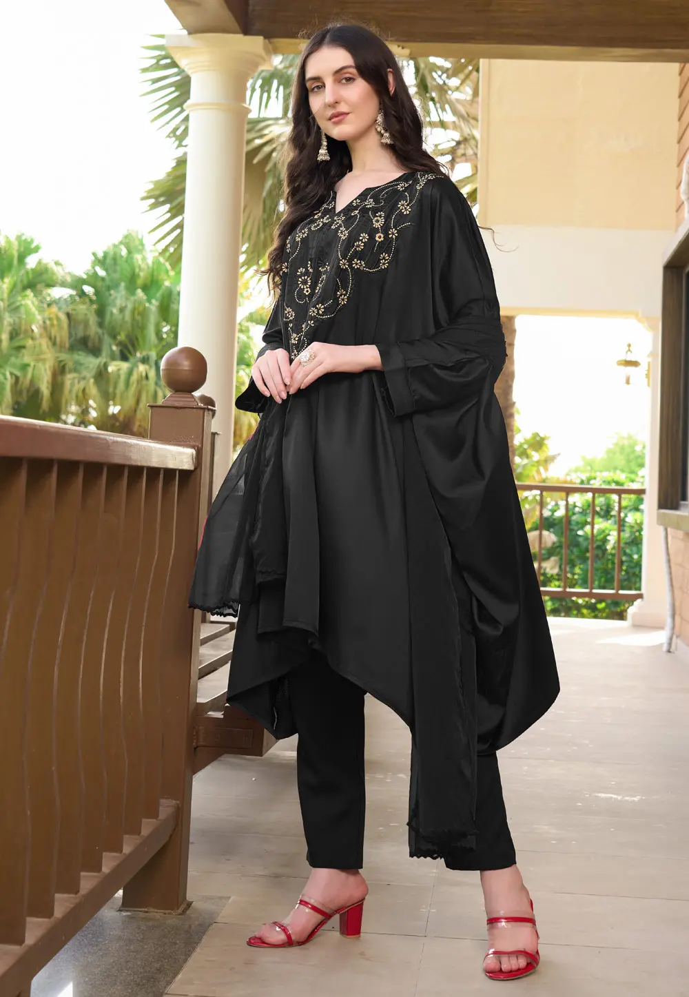 Black Satin Readymade Pant Style Suit 303338