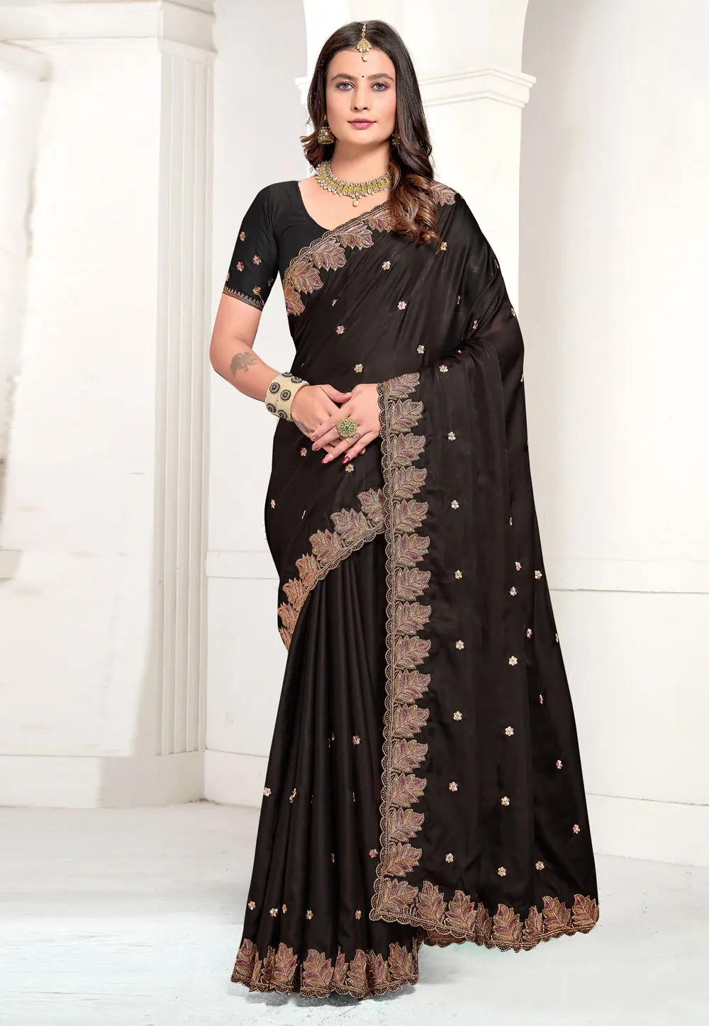 Black Satin Saree With Blouse 299452