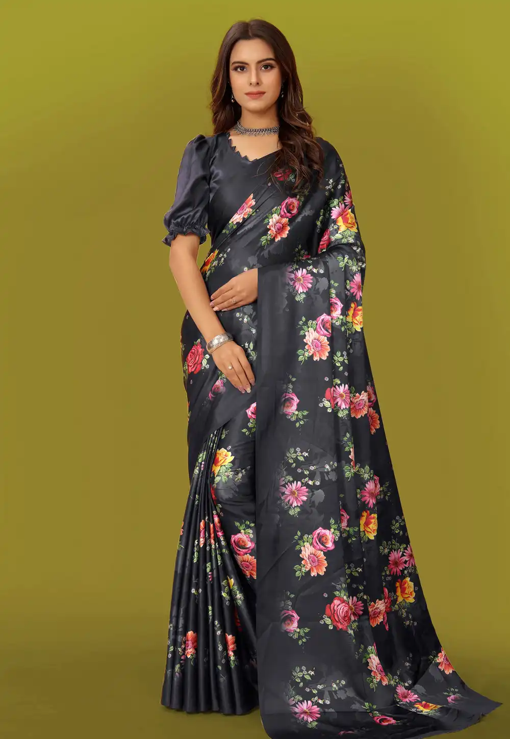 Black Satin Saree With Blouse 293034