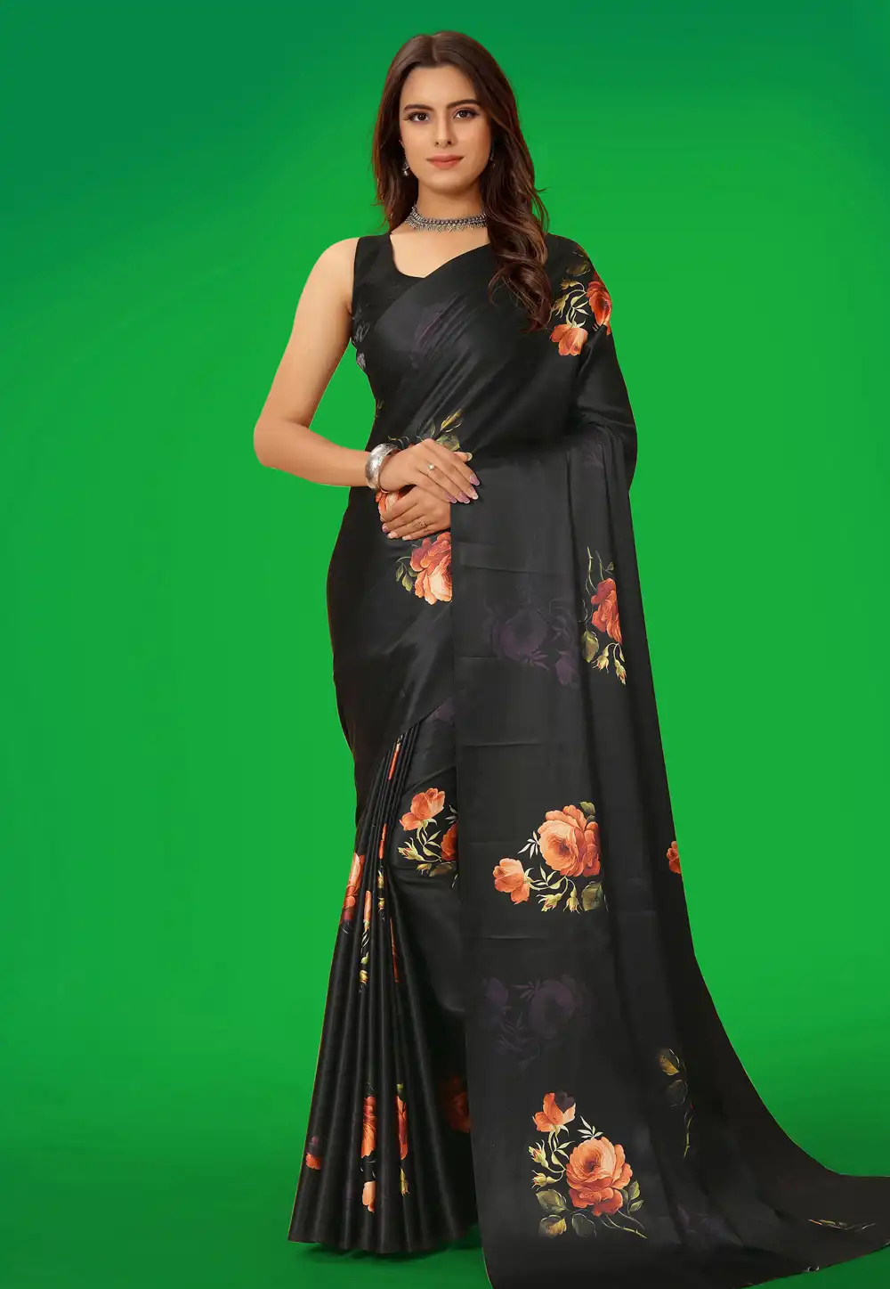 Black Satin Saree With Blouse 293040