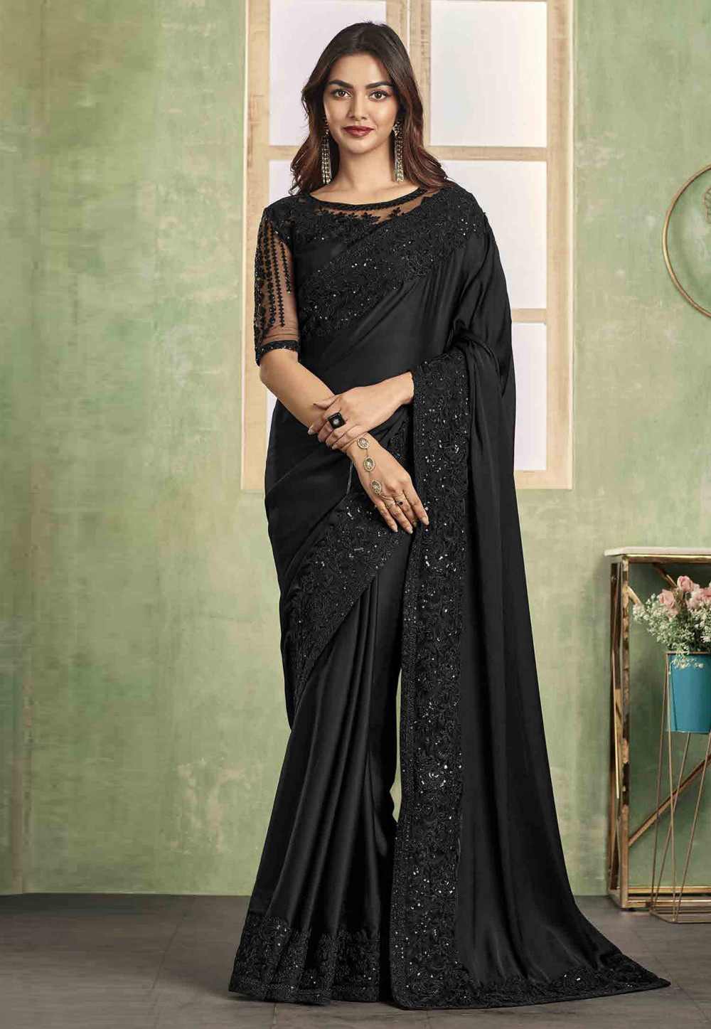Black Satin Silk Designer Saree 285249