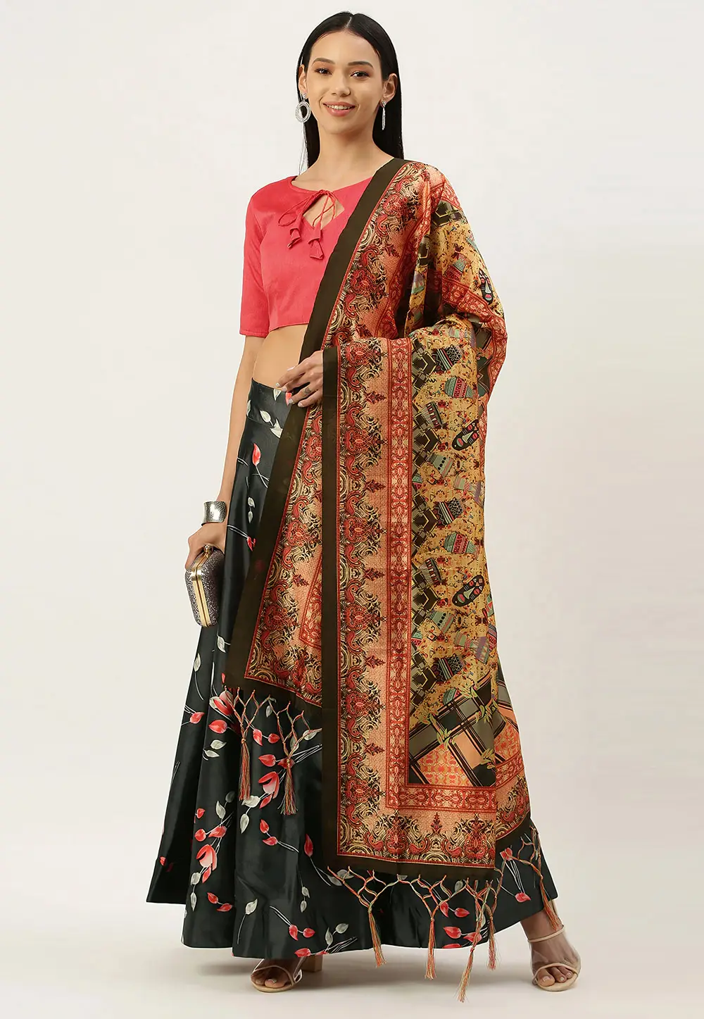 Black Satin Silk Floral Lehenga choli 297103