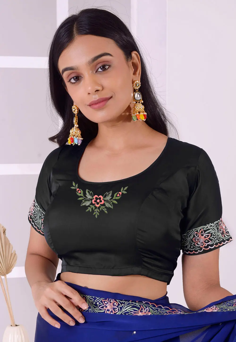 Black Satin Silk Readymade Blouse 298329