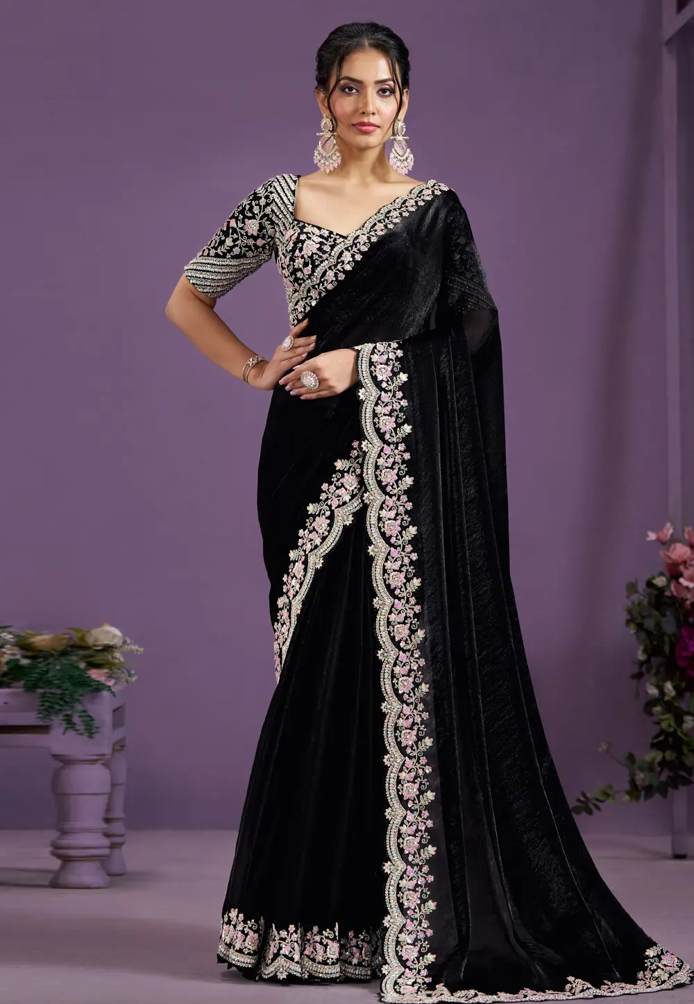 Black Satin Silk Saree With Blouse 298520