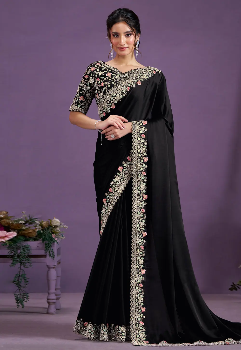 Black Satin Silk Saree With Blouse 298523