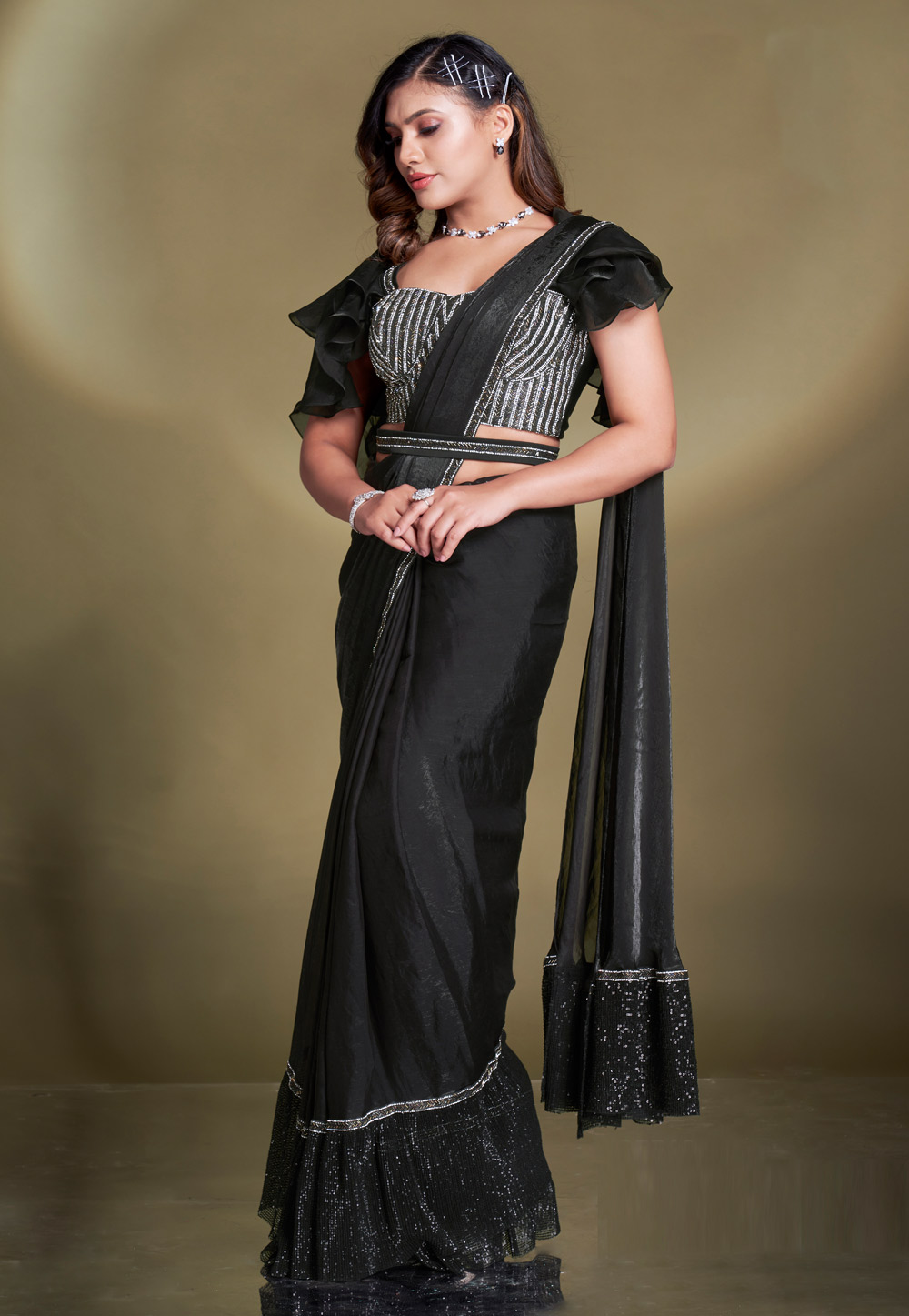 Black Satin Silk Saree With Blouse 309645