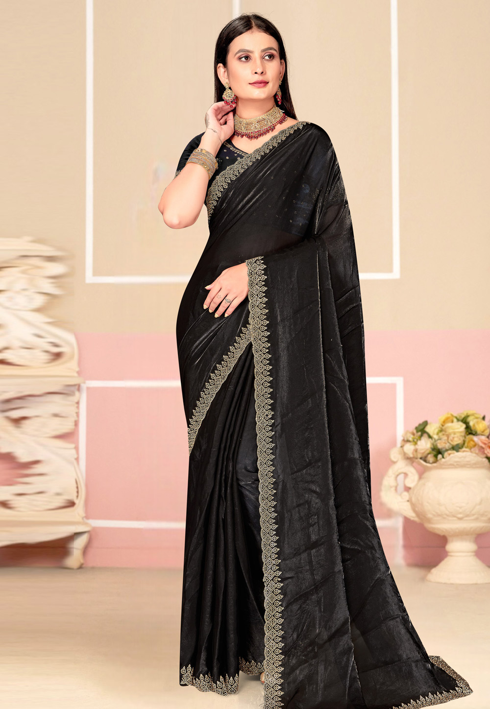 Black Satin Silk Saree With Blouse 310838