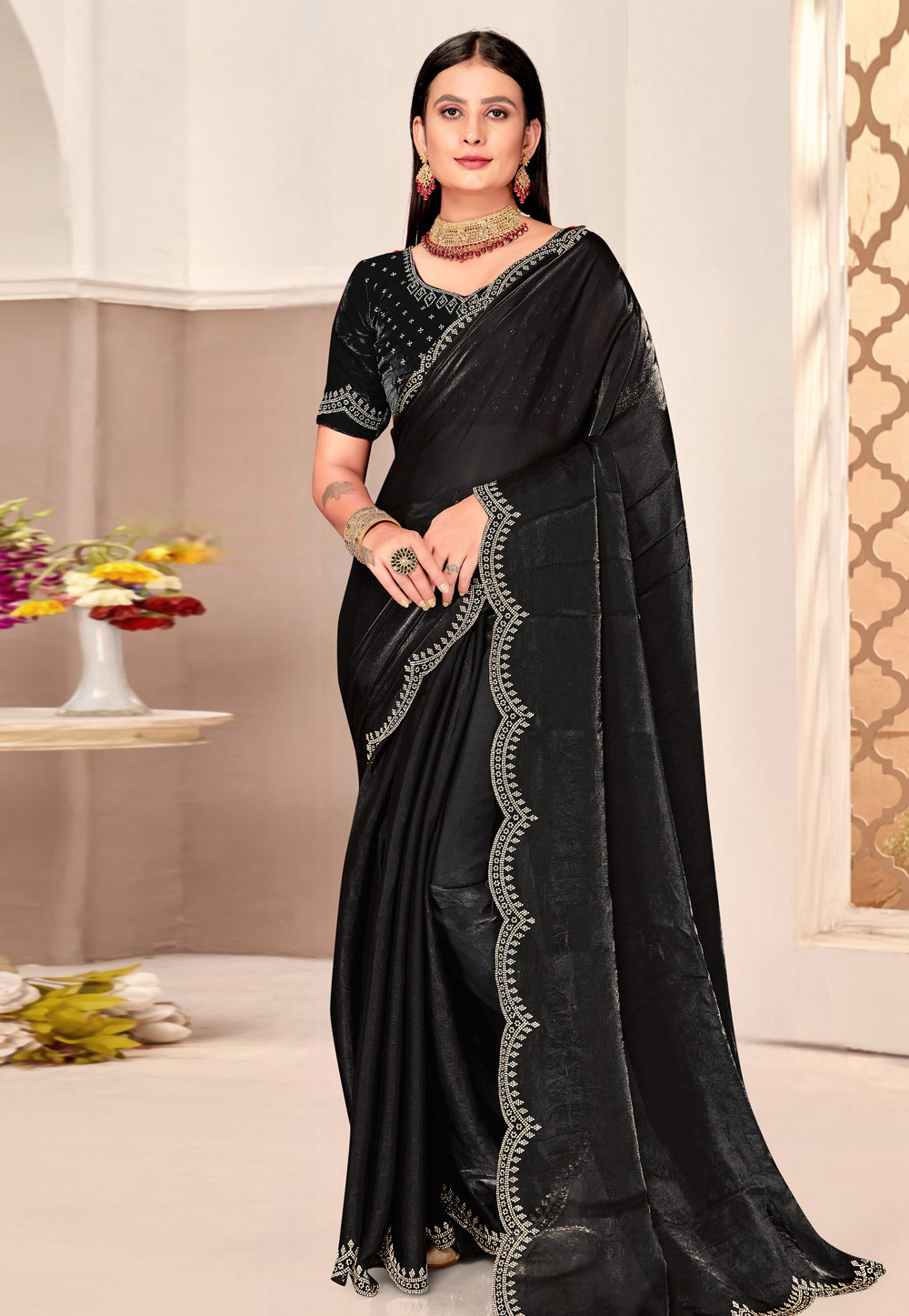 Black Satin Silk Saree With Blouse 311026