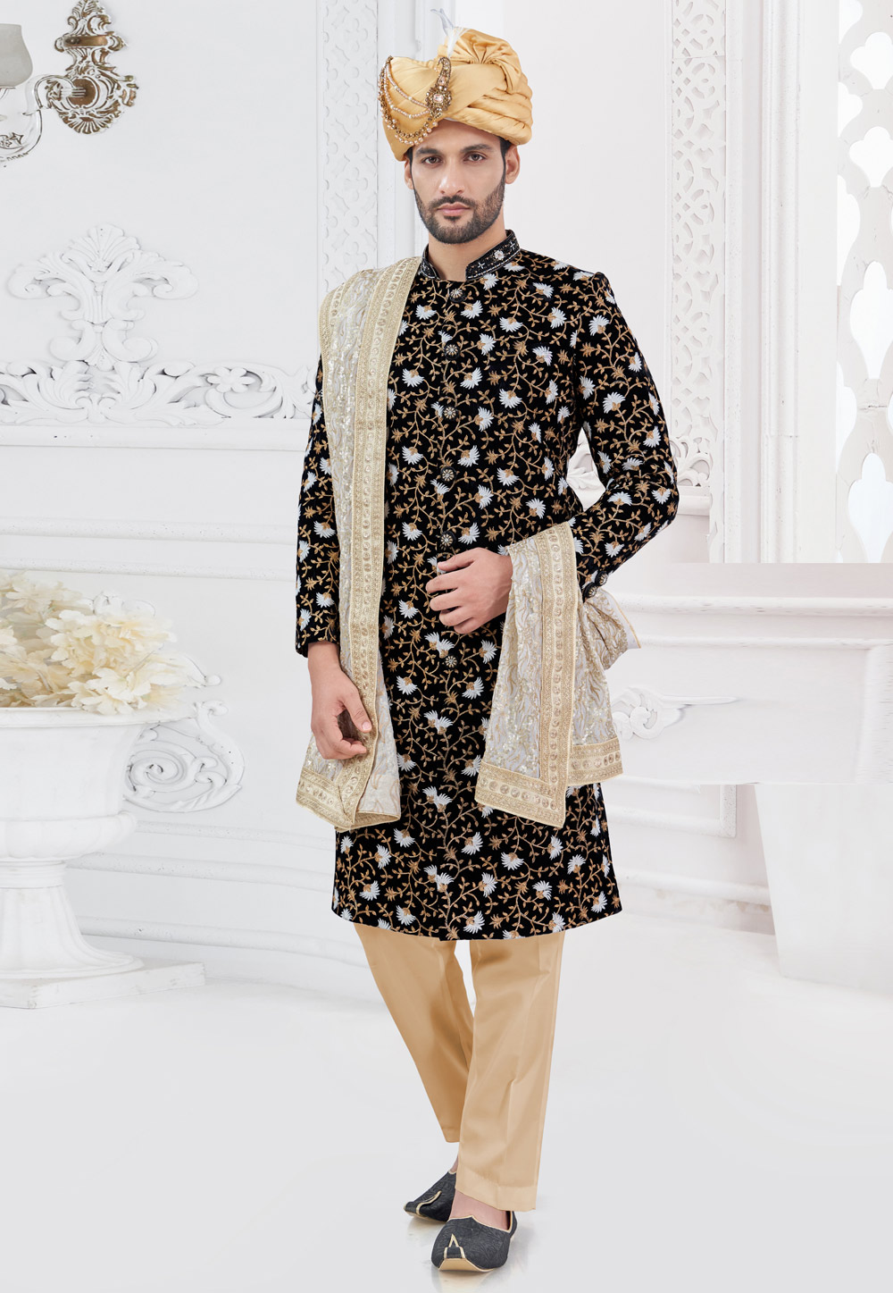 Black Silk Achkan Style Sherwani 305211