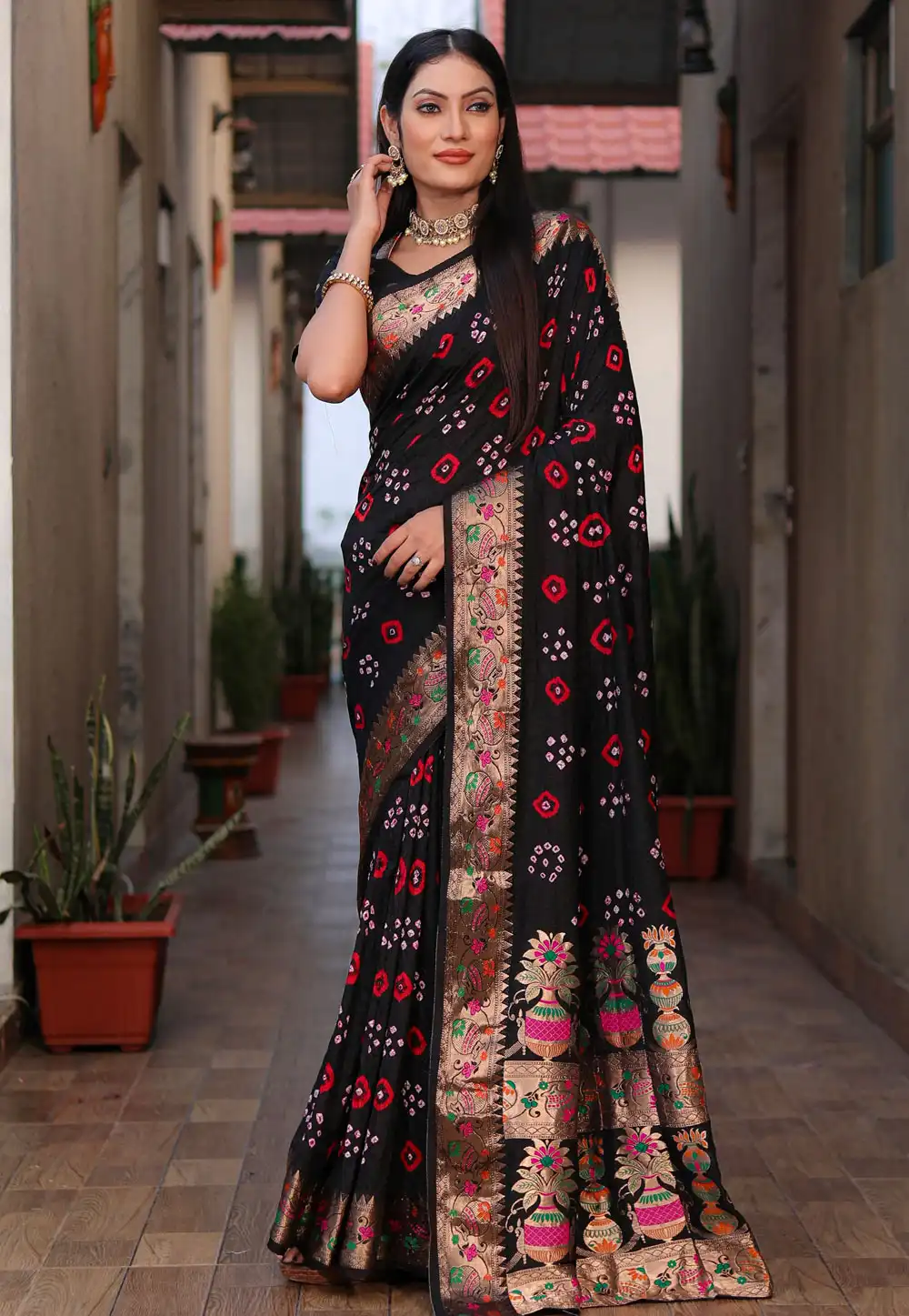 Black Silk Bandhani Print Saree 290624