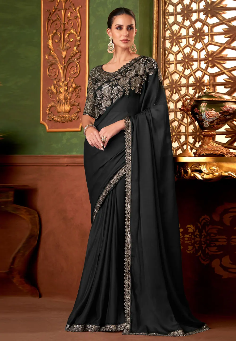 Black Silk Chiffon Saree With Blouse 301104