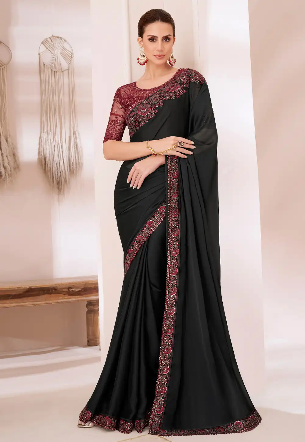 Black Silk Chiffon Saree With Blouse 292300