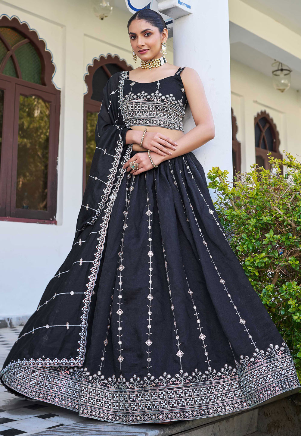 Black Silk Circular Lehenga Choli 310492