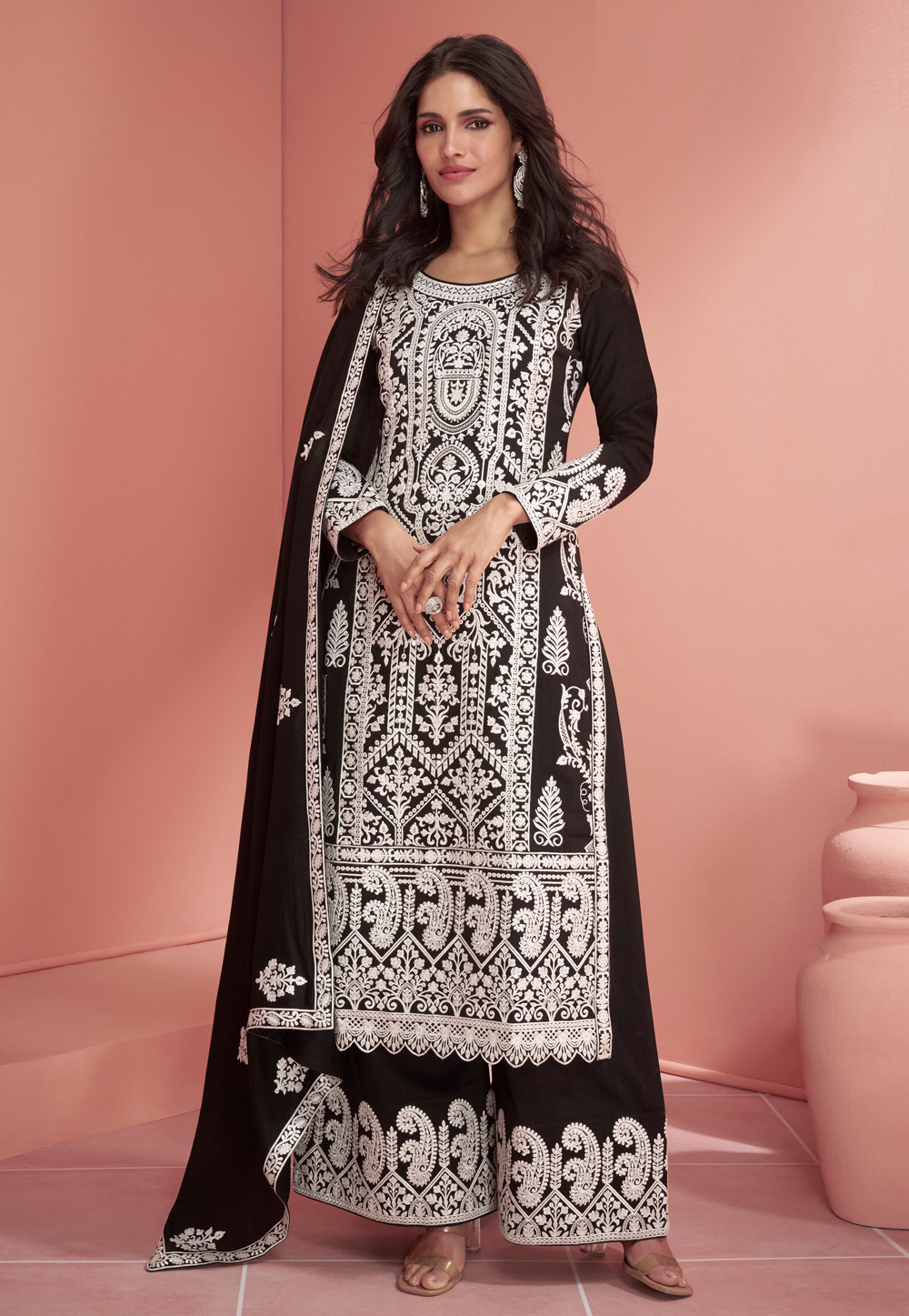 Black Silk Embroidered Palazzo Suit 280671