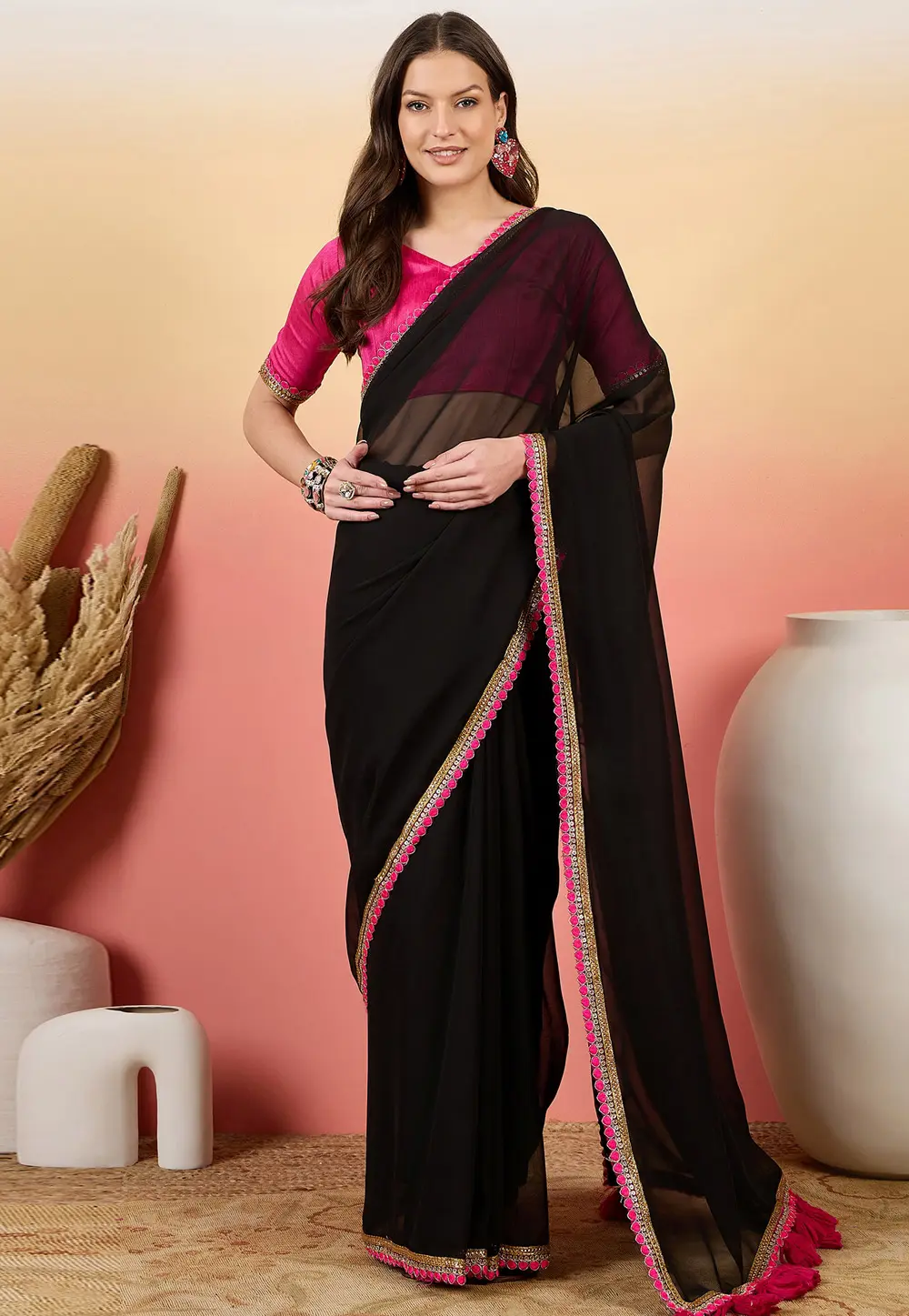 Black Silk Georgette Saree With Blouse 304651