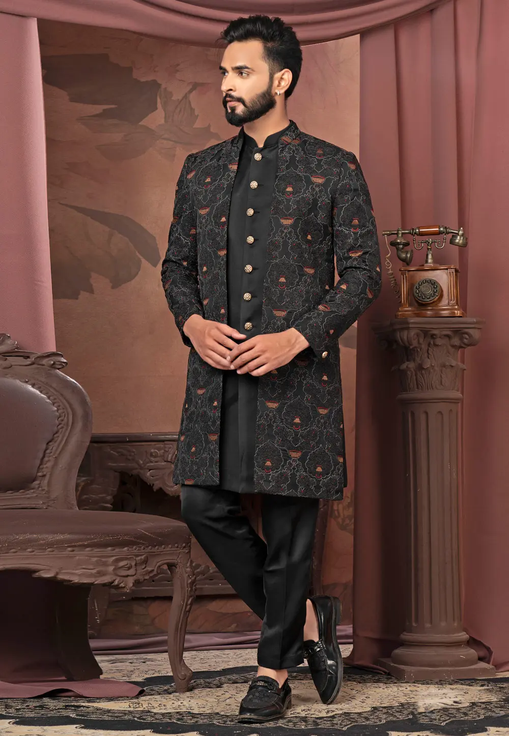 Black Silk Jacket Style Sherwani 302433