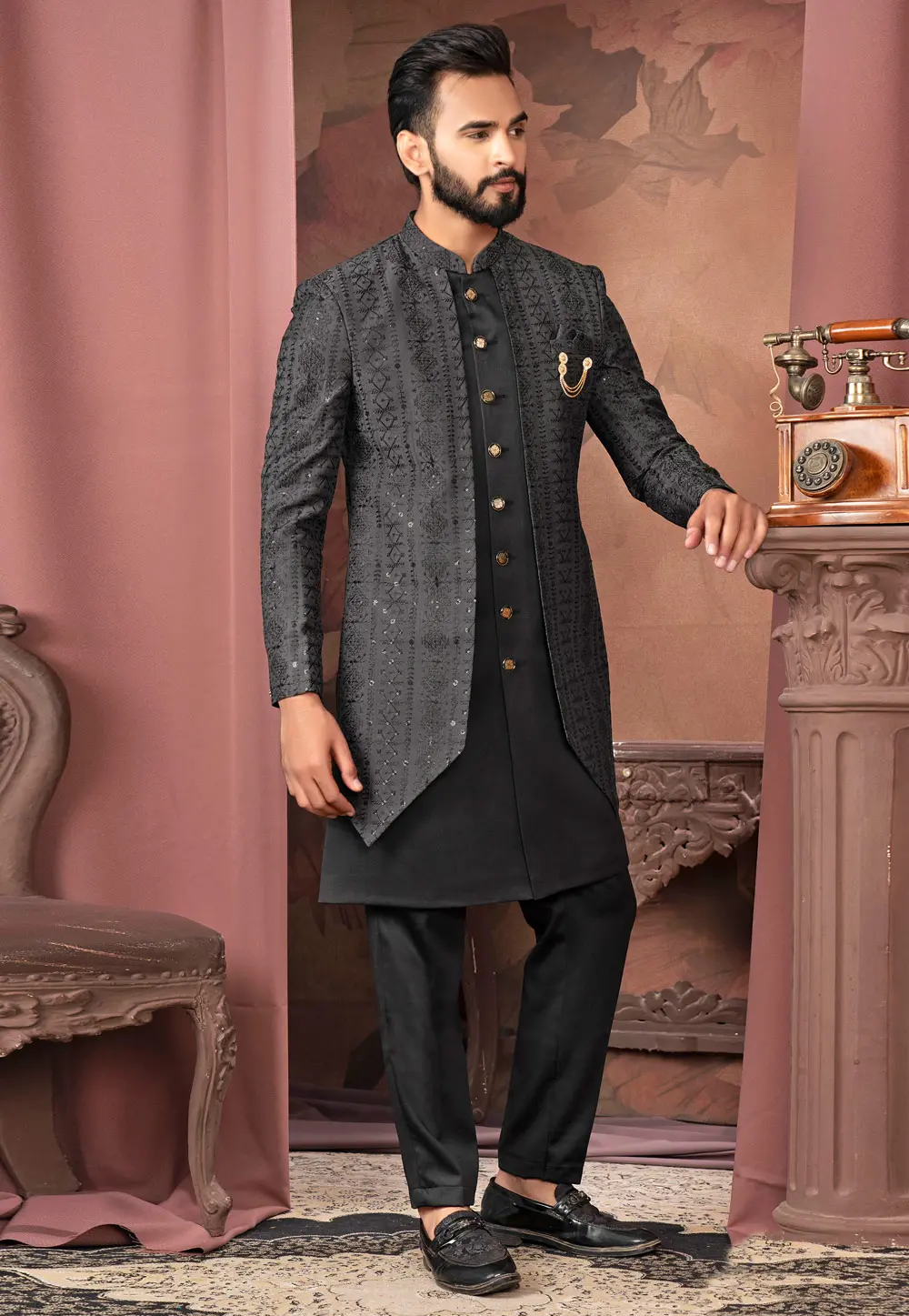 Black Silk Jacket Style Sherwani 302450