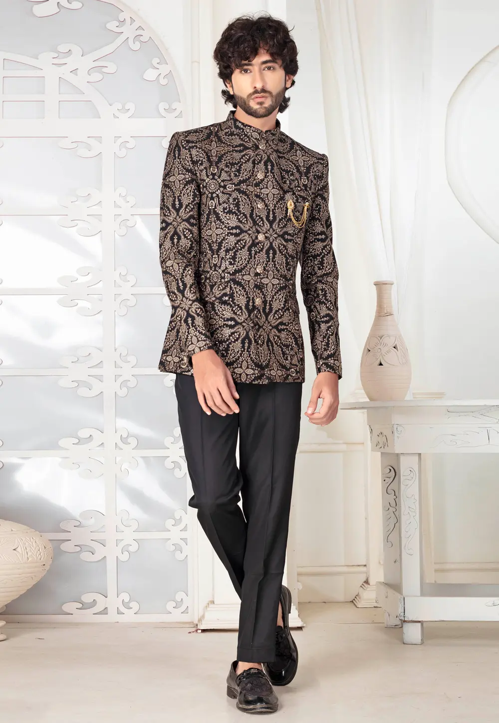 Black Silk Jodhpuri Suit 302152