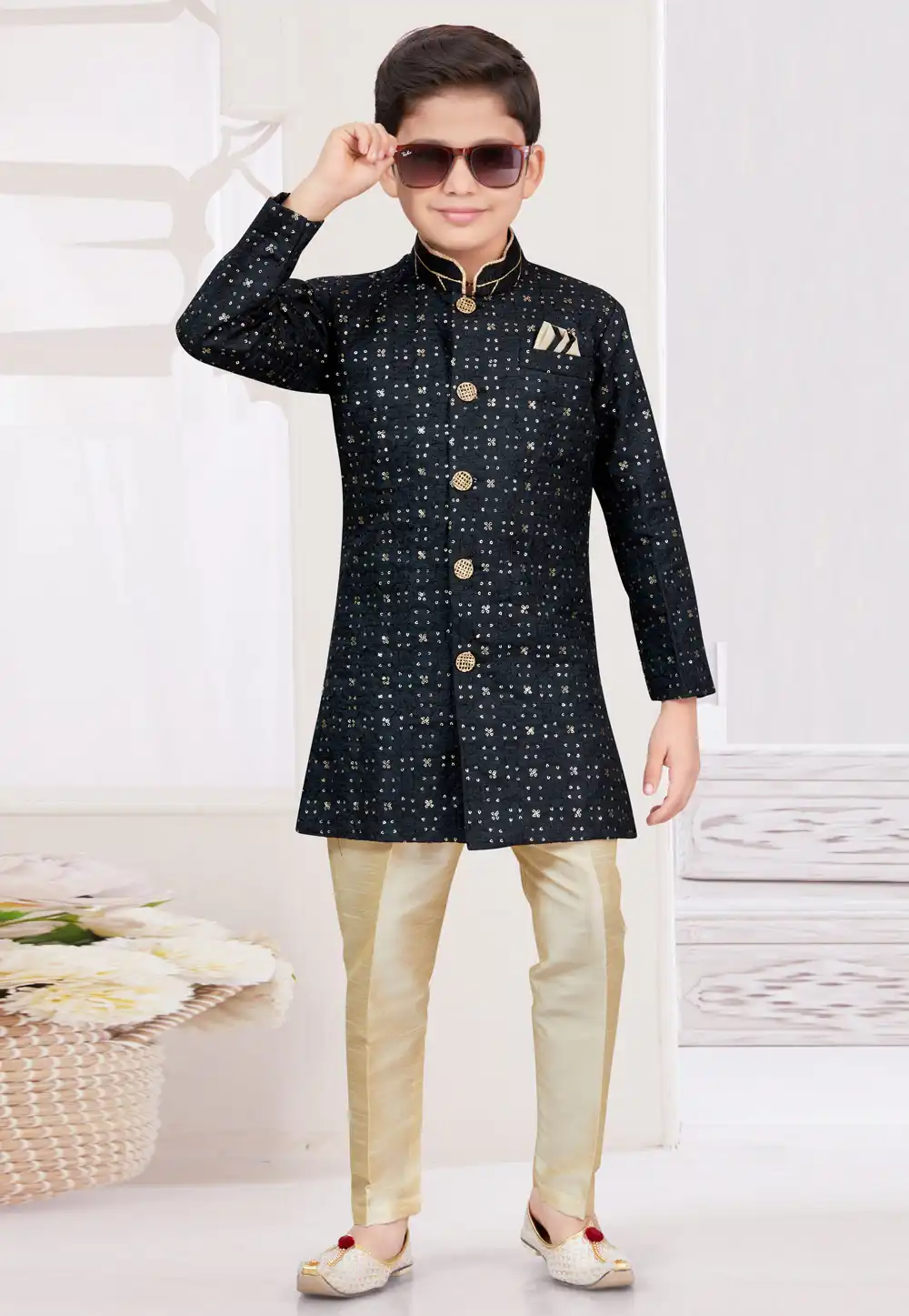 Black Silk Kids Indo Western Sherwani 294938