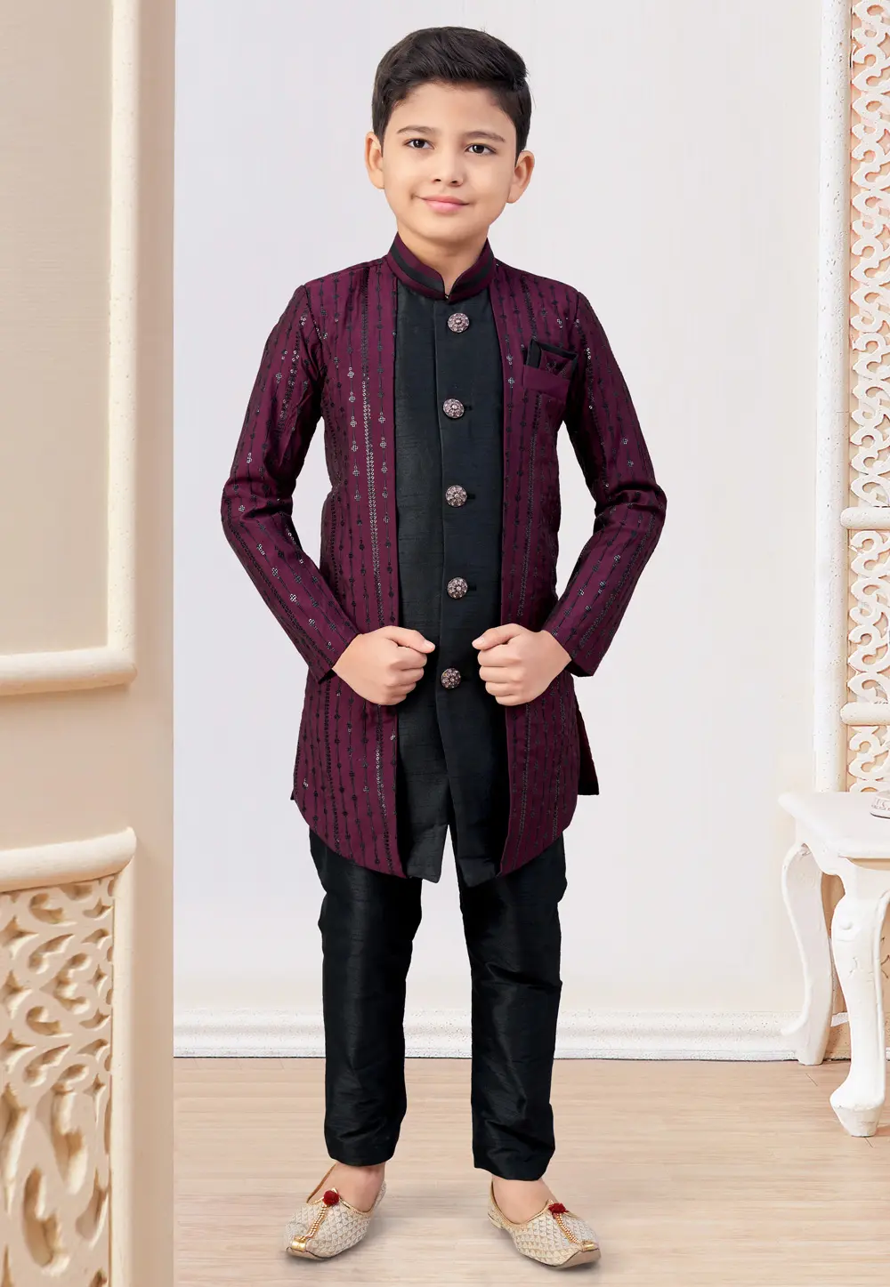 Black Silk Kids Indo Western Suit 303768