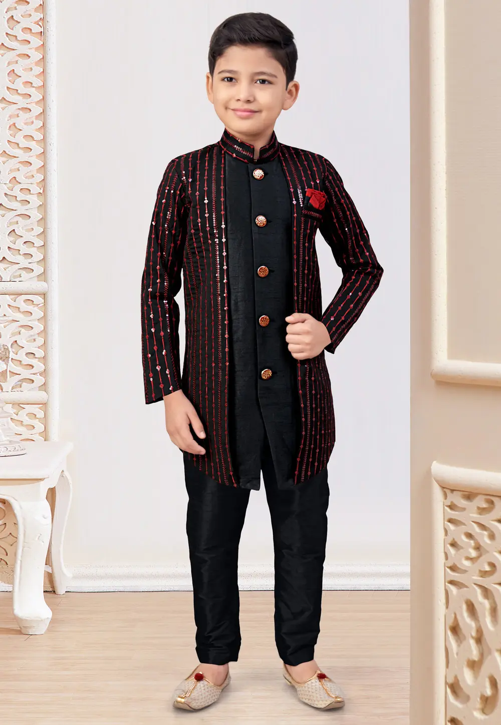 Black Silk Kids Indo Western Suit 303797