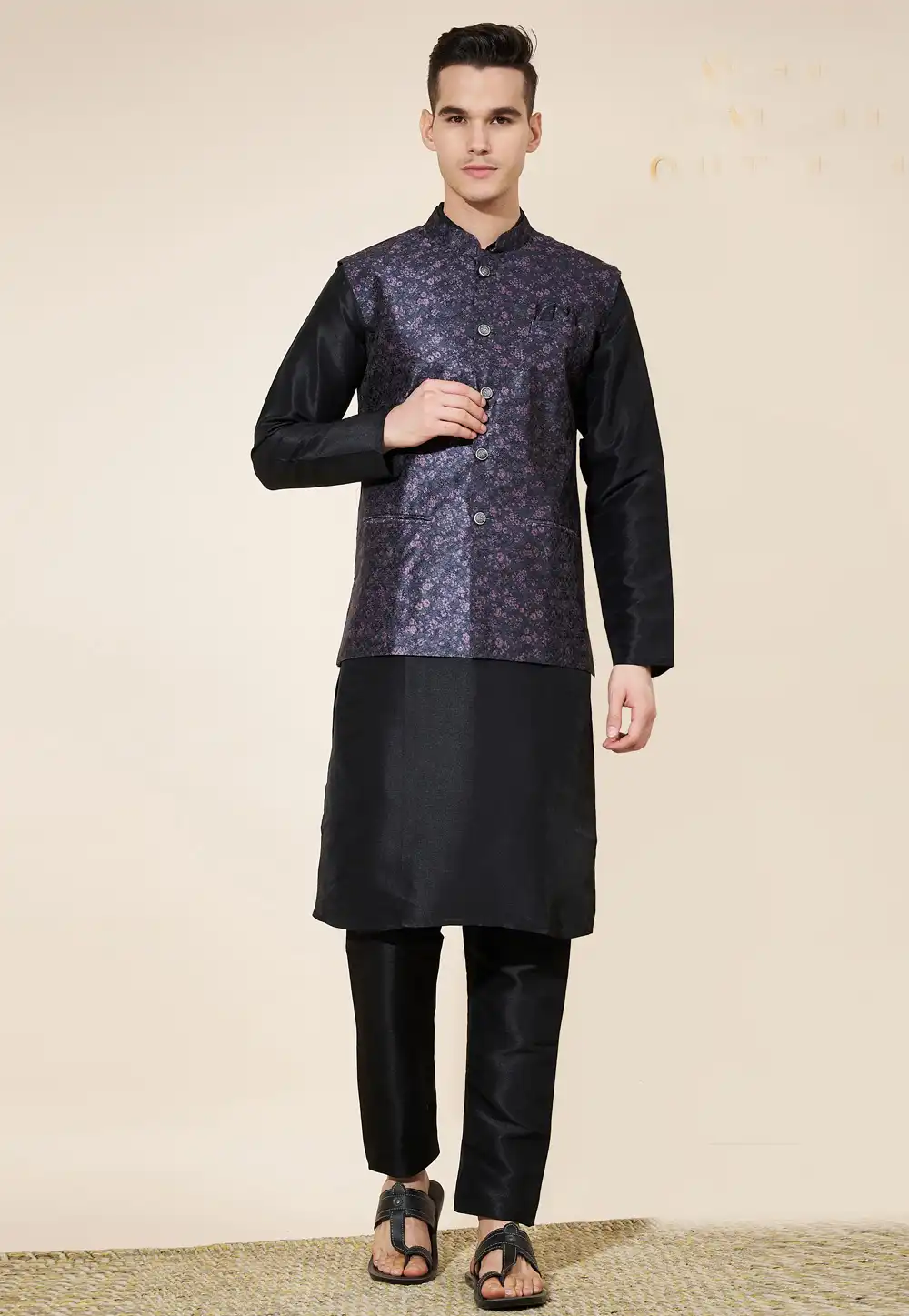 Black Silk Kurta Pajama With Jacket 287888