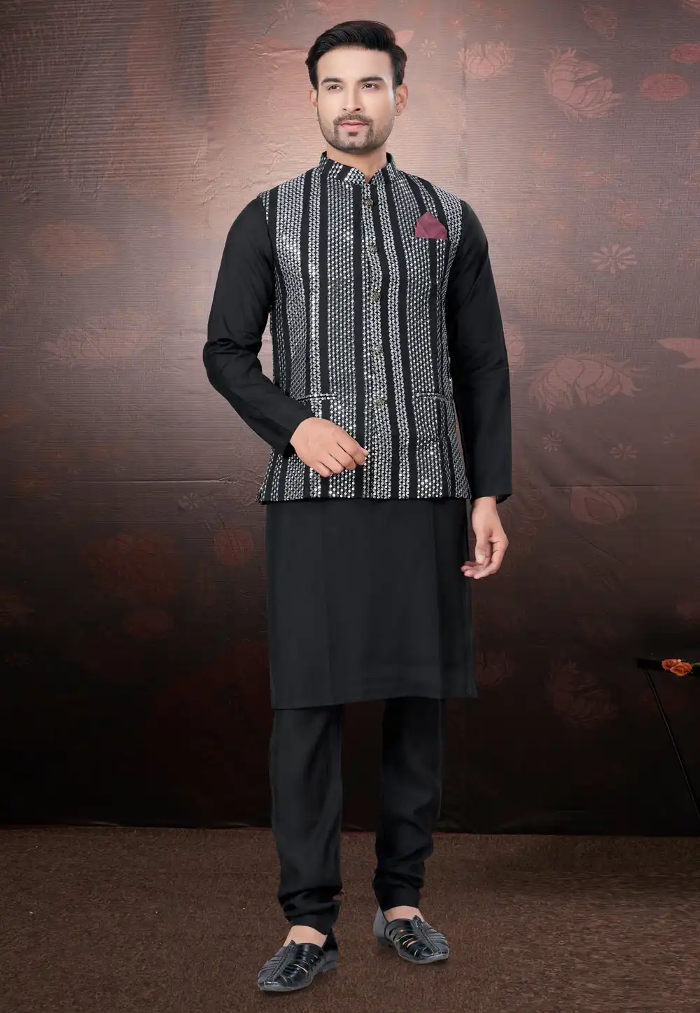 Black Silk Kurta Pajama With Jacket 291313