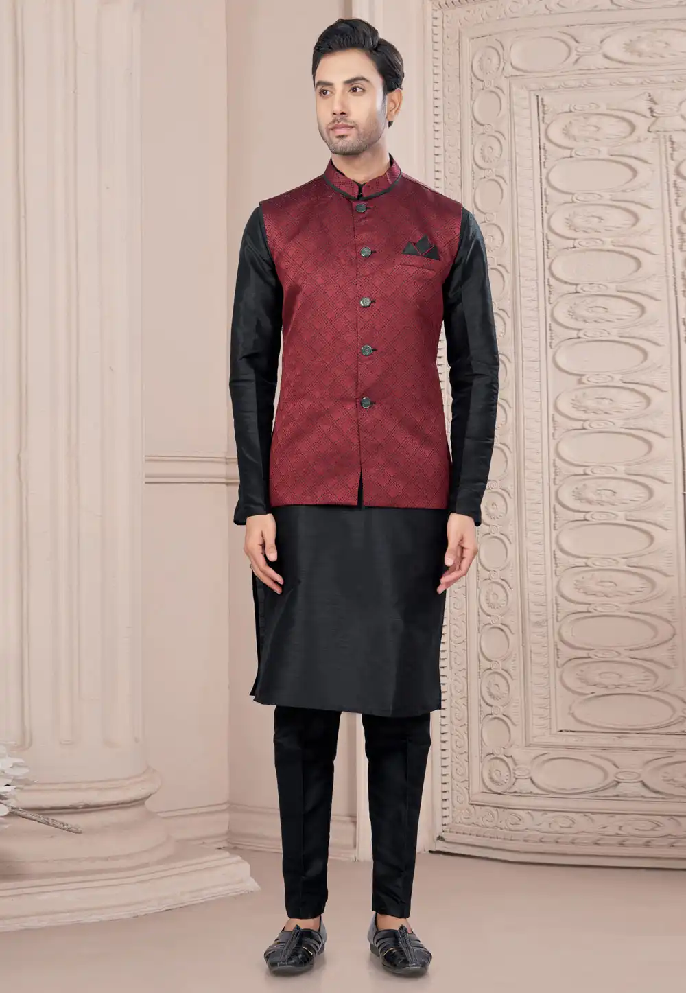 Black Silk Kurta Pajama With Jacket 294602