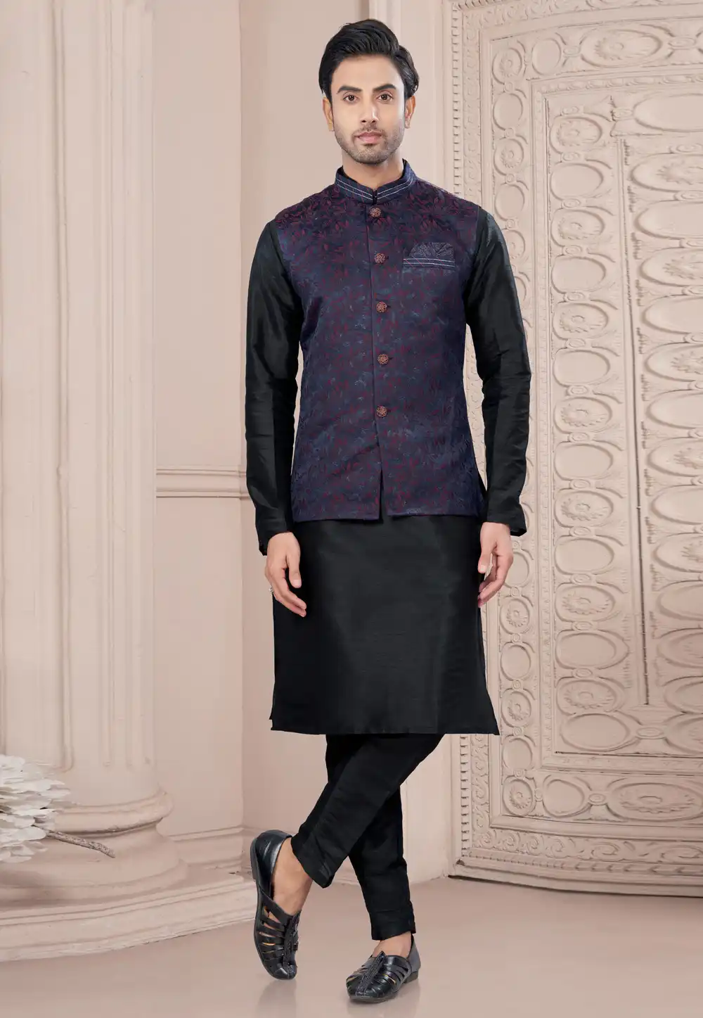 Black Silk Kurta Pajama With Jacket 294603