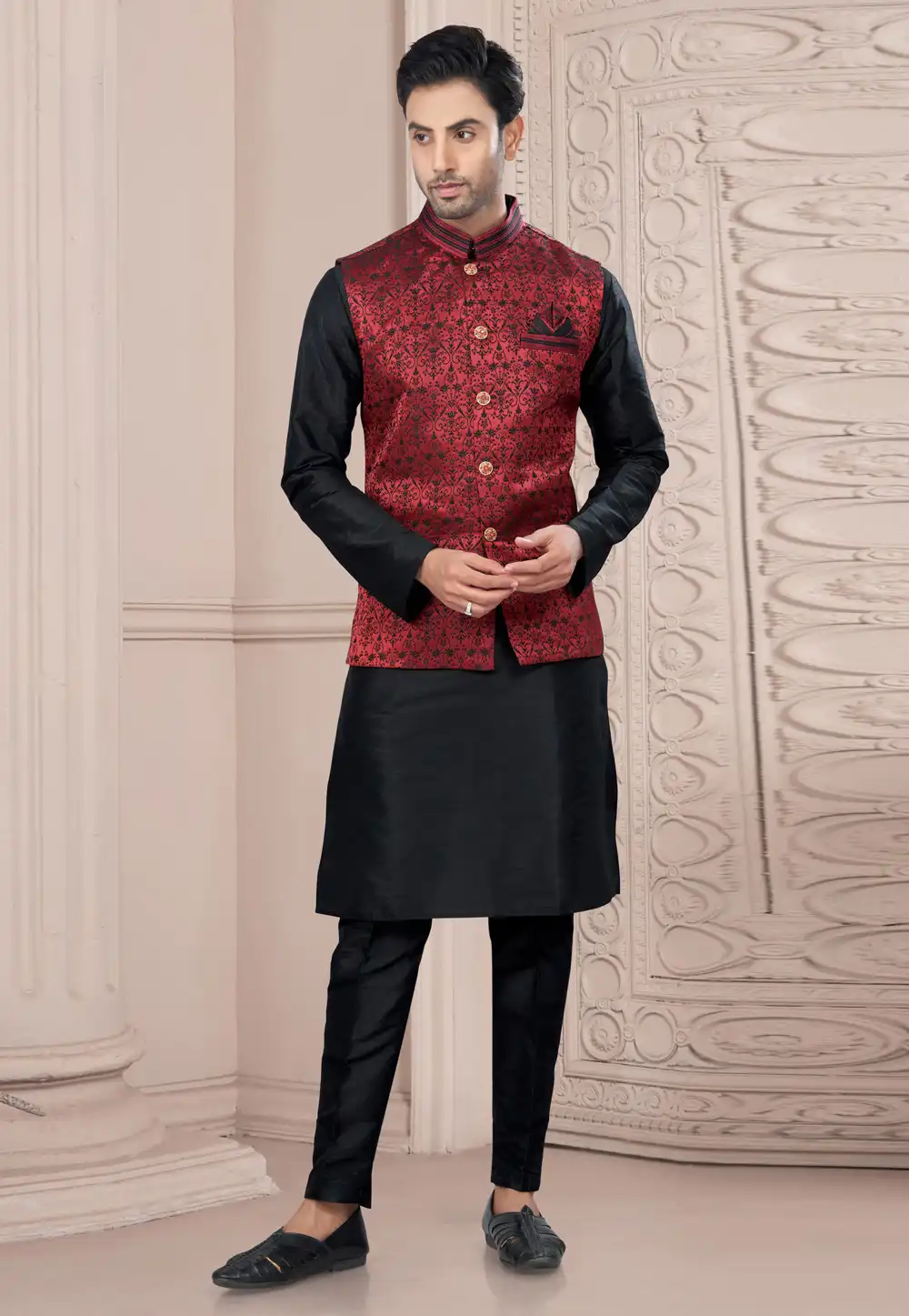 Black Silk Kurta Pajama With Jacket 294605