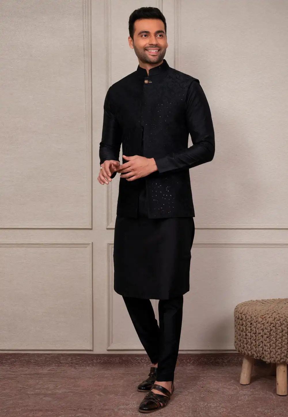 Black Silk Kurta Pajama With Jacket 293918