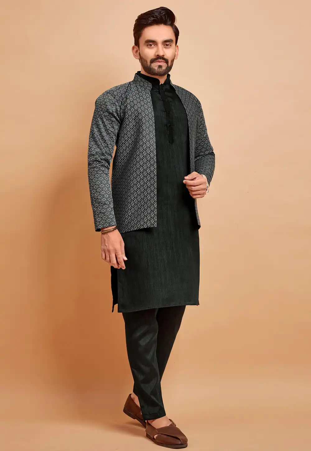 Black Silk Kurta Pajama With Jacket 293791