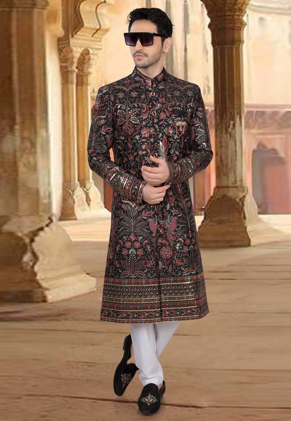 Black Silk Pakistani Sherwani 309076