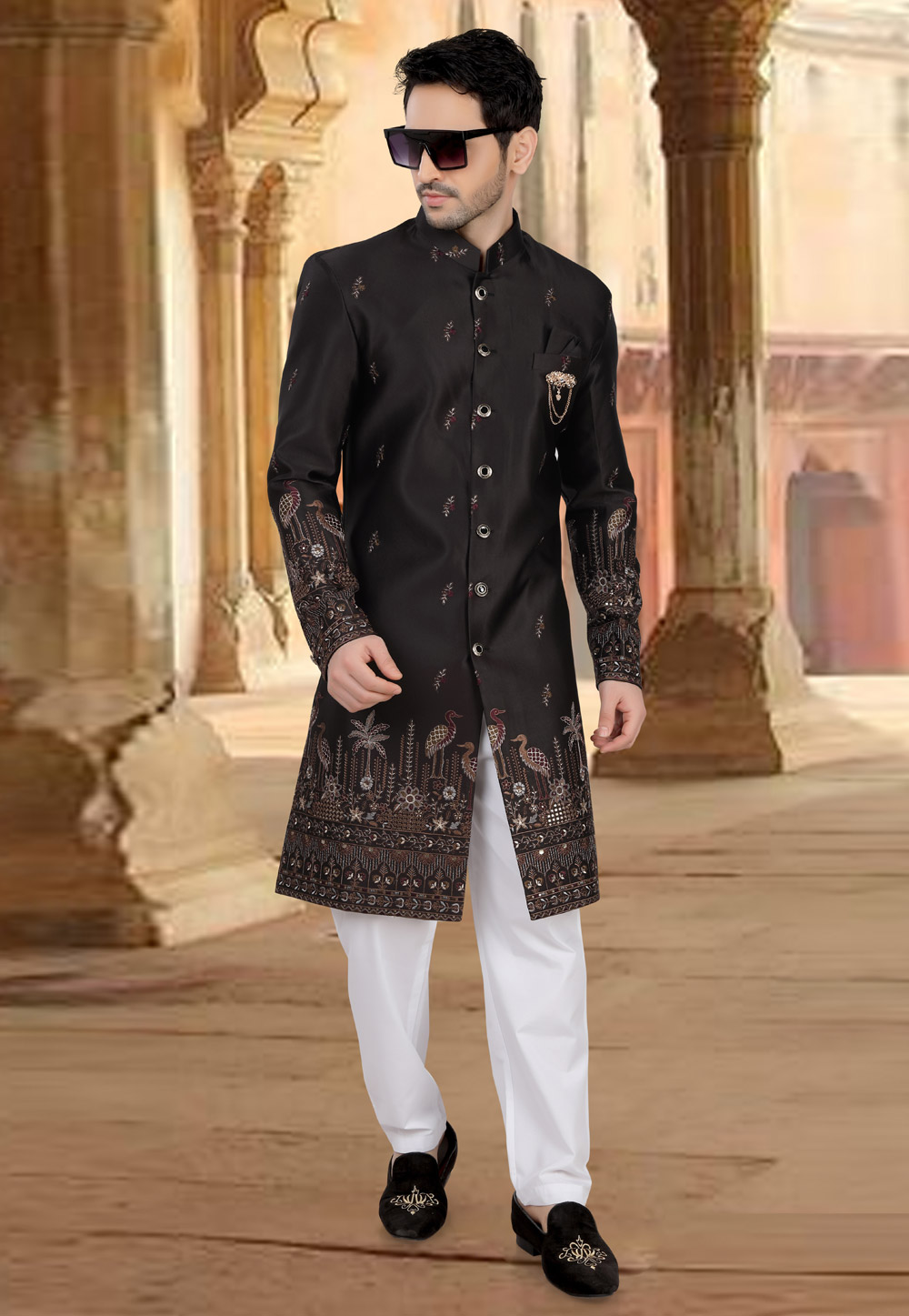 Black Silk Pakistani Sherwani 309082