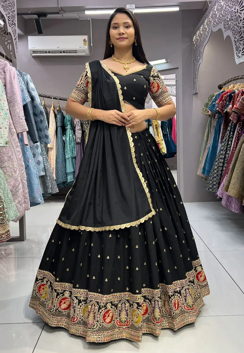 Black Silk Readymade Circular Lehenga Choli 296831